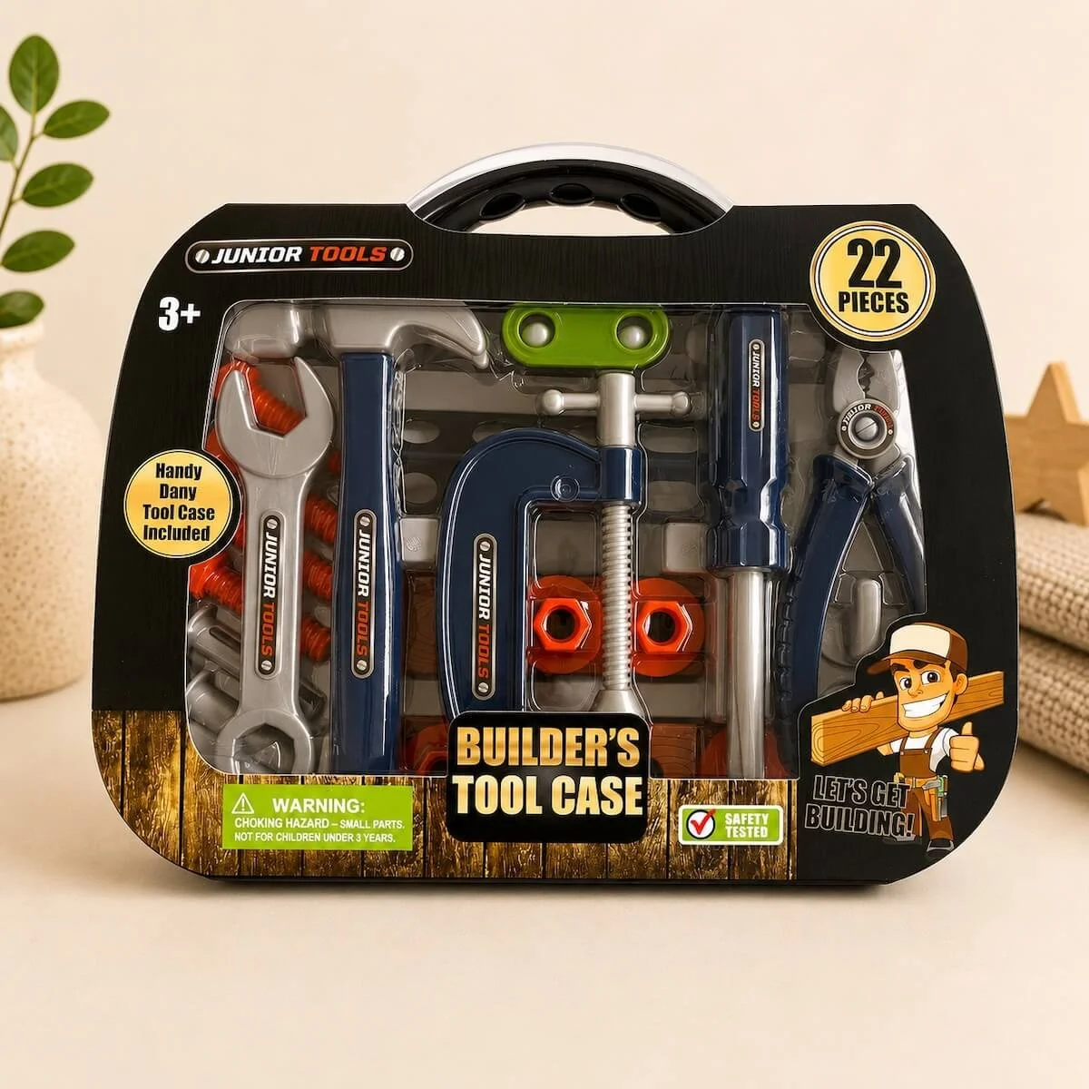 Junior Builder's Tool Caddy with 22-piece play tool set for imaginative building and learning