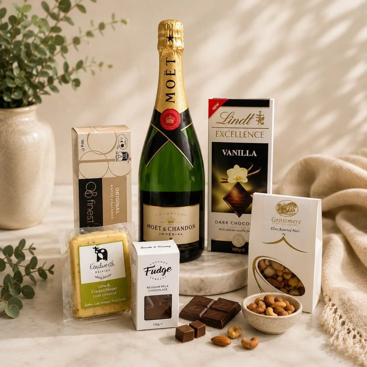 Luxury Moët & Chandon Champagne and gourmet cheese, cracker, nut, and chocolate hamper, elegantly presented in a wooden gift box with ribbons.