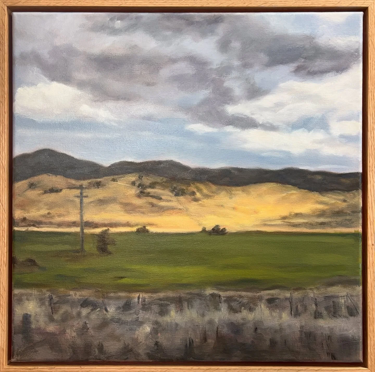 This painting is entitled &lsquo;The breakthrough&rsquo; (oil on canvas, 45x45) made after a small moment of enlightenment last year. A roadside scene on the Monaro Hwy looking towards Tinderry Range, it was purchased in late 2025 as a farewell and t