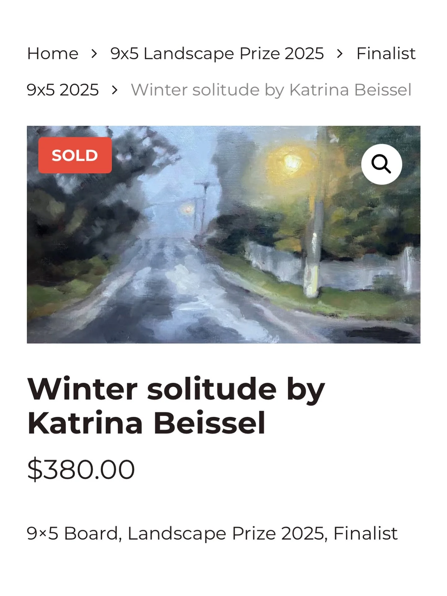 This is the forth year my work has made it into the 9x5 landscape prize (thank you dear judges). Winter Solitude sits amongst some beautiful wee impressions of the Australian landscape, many of which are still available for sale @waverleyartschool ch