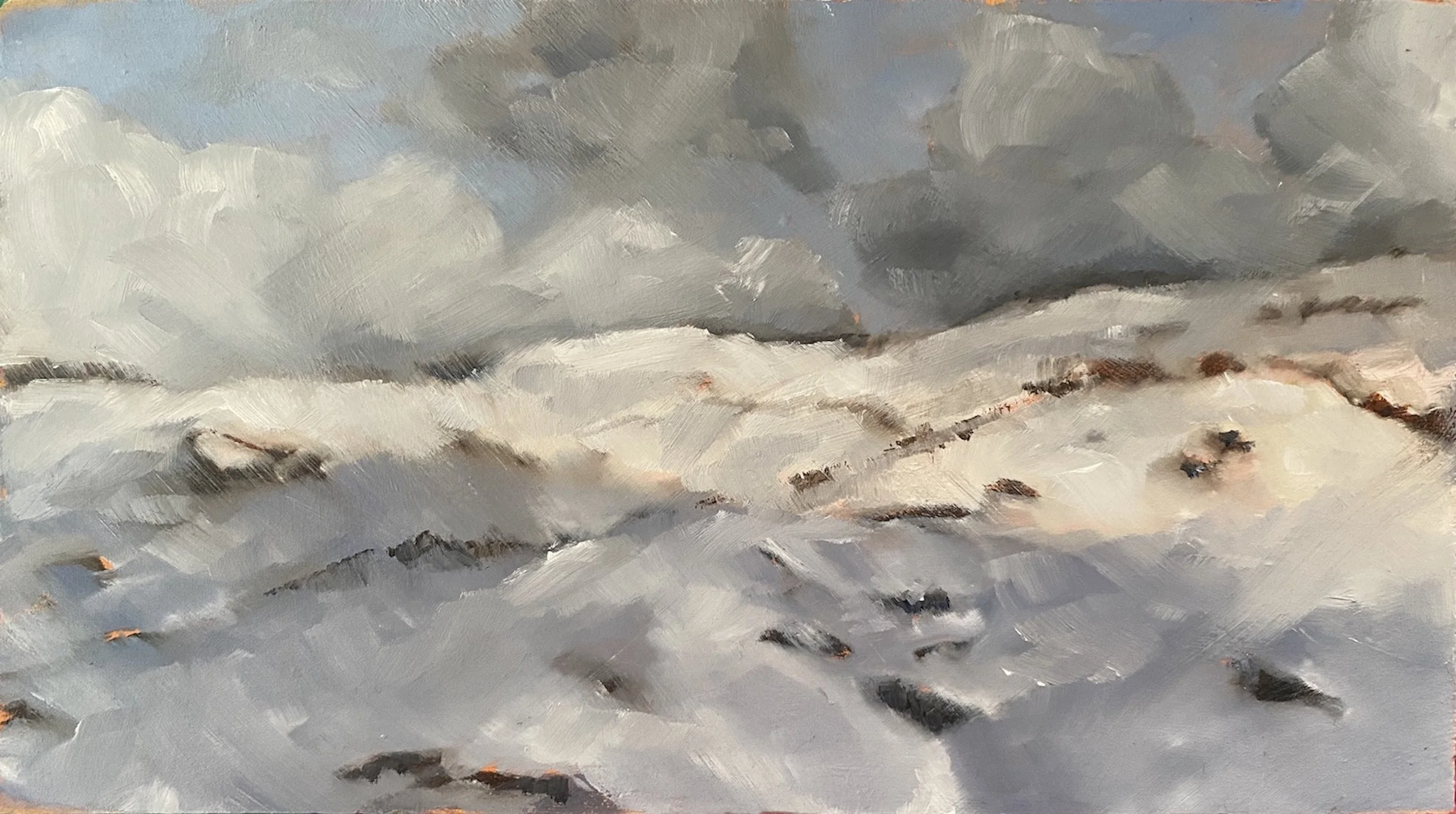 In the shadow of Blue Calf
(oil on board, 23x13cm, floated behind glass in white frame)
$400