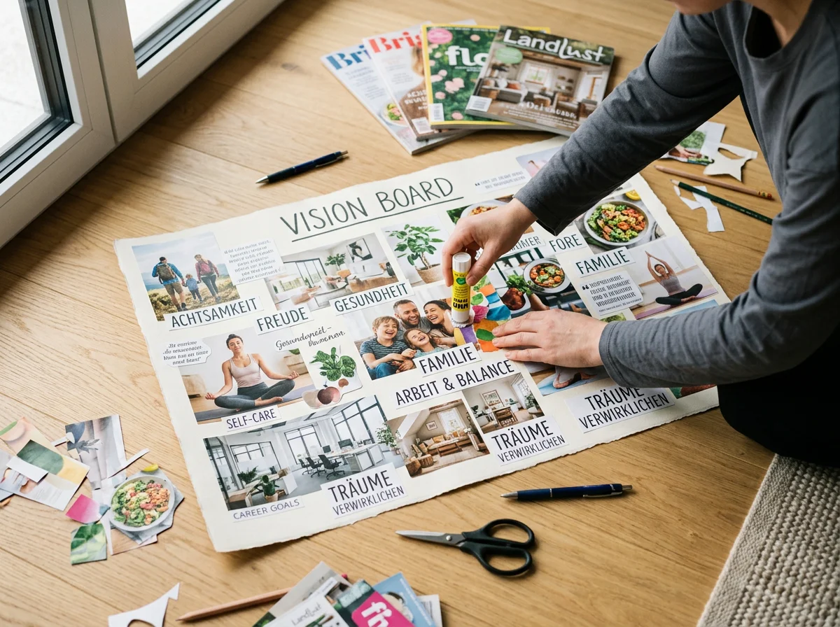 Vision Board mit ausgeschnittenen Bildern und inspirierenden Worten, das gerade gestaltet wird