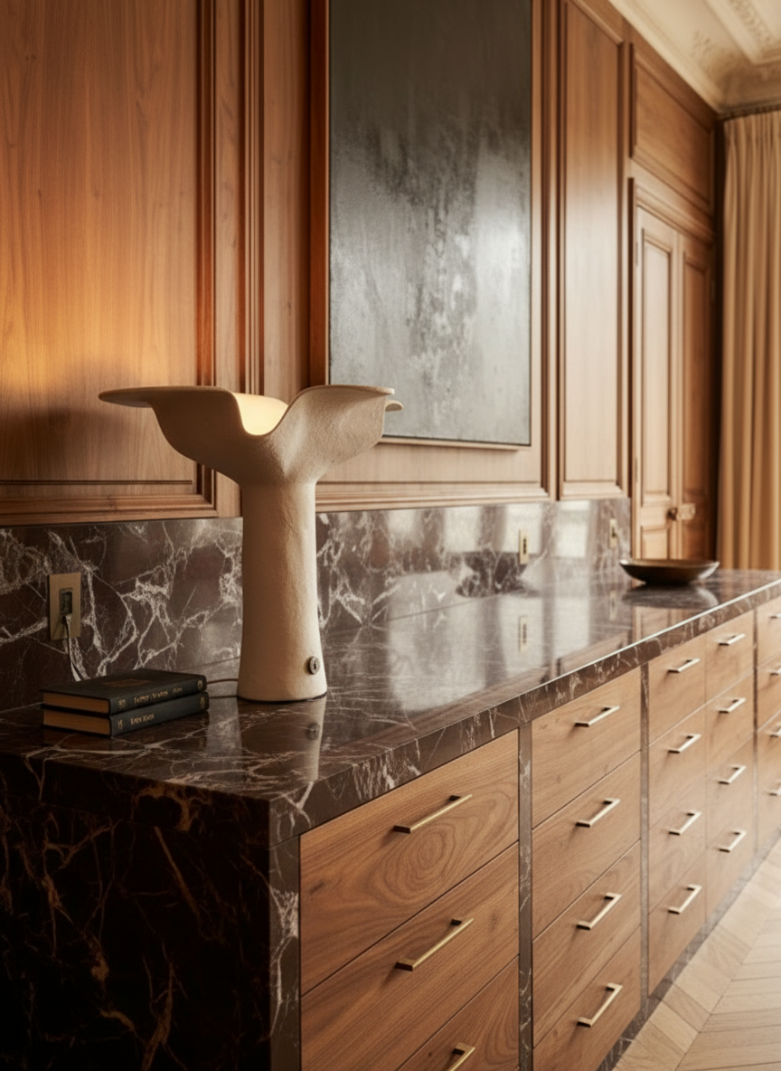 A wooden sideboard with a dark marble top against a wood-paneled wall, featuring a layered sculpture and a small bowl, with a curtain partially visible on the right.