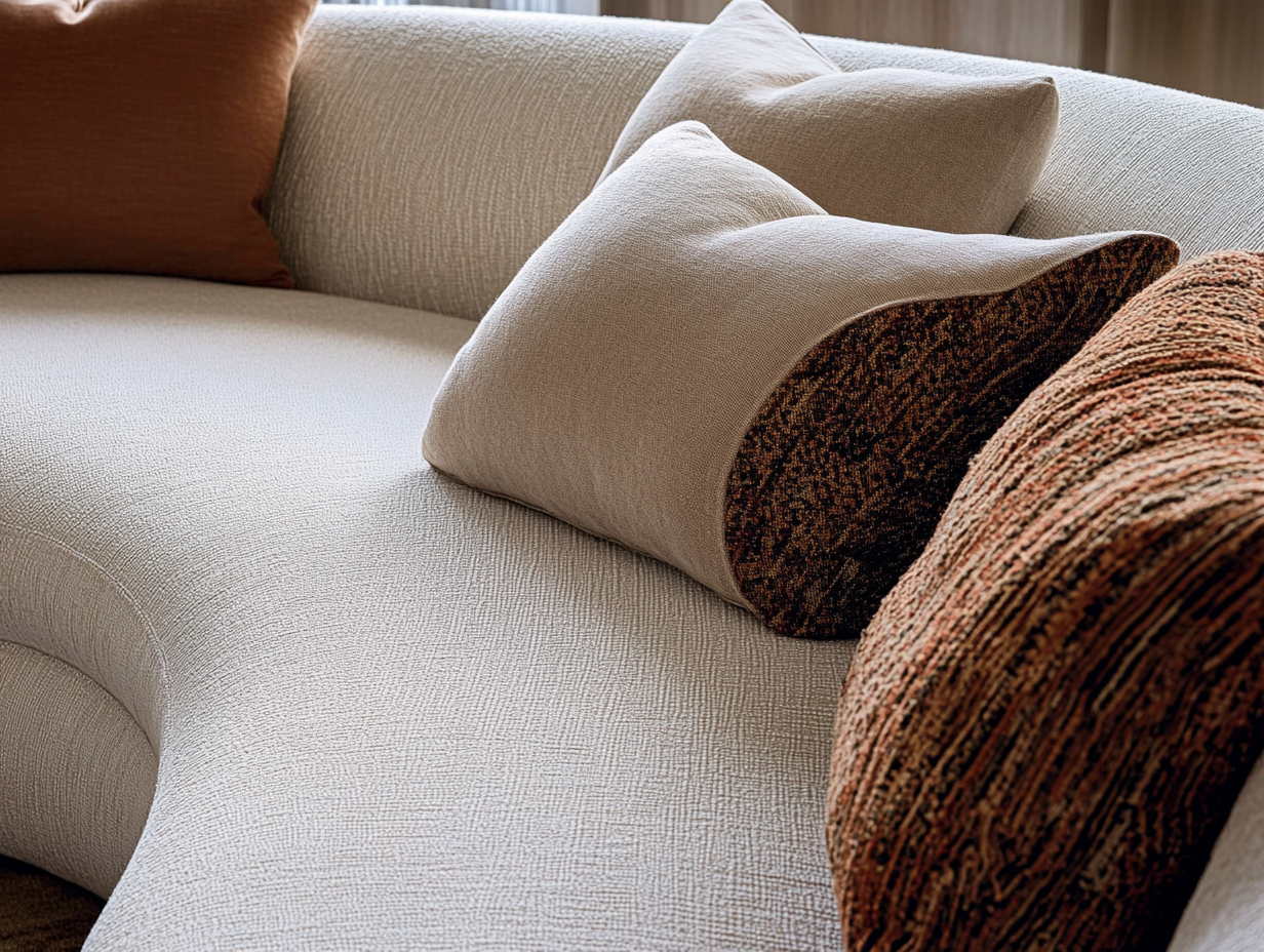 Close-up of beige and rust-colored throw pillows on a cream-colored textured sofa.