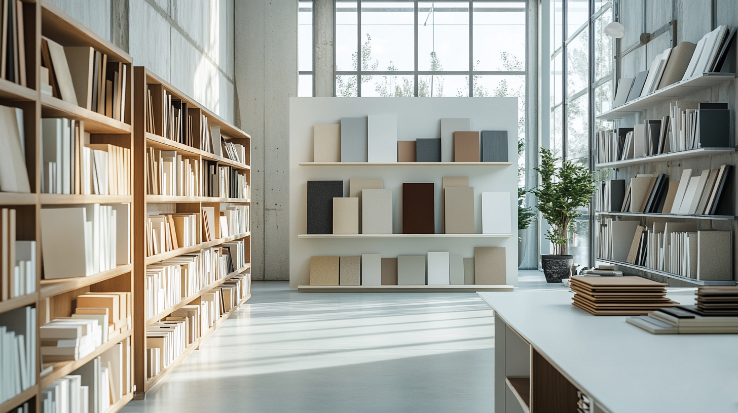 A modern library or bookstore with wooden and metal shelves filled with books, bright natural light coming through large glass windows, and a display of various colored samples on a white stand at the back.