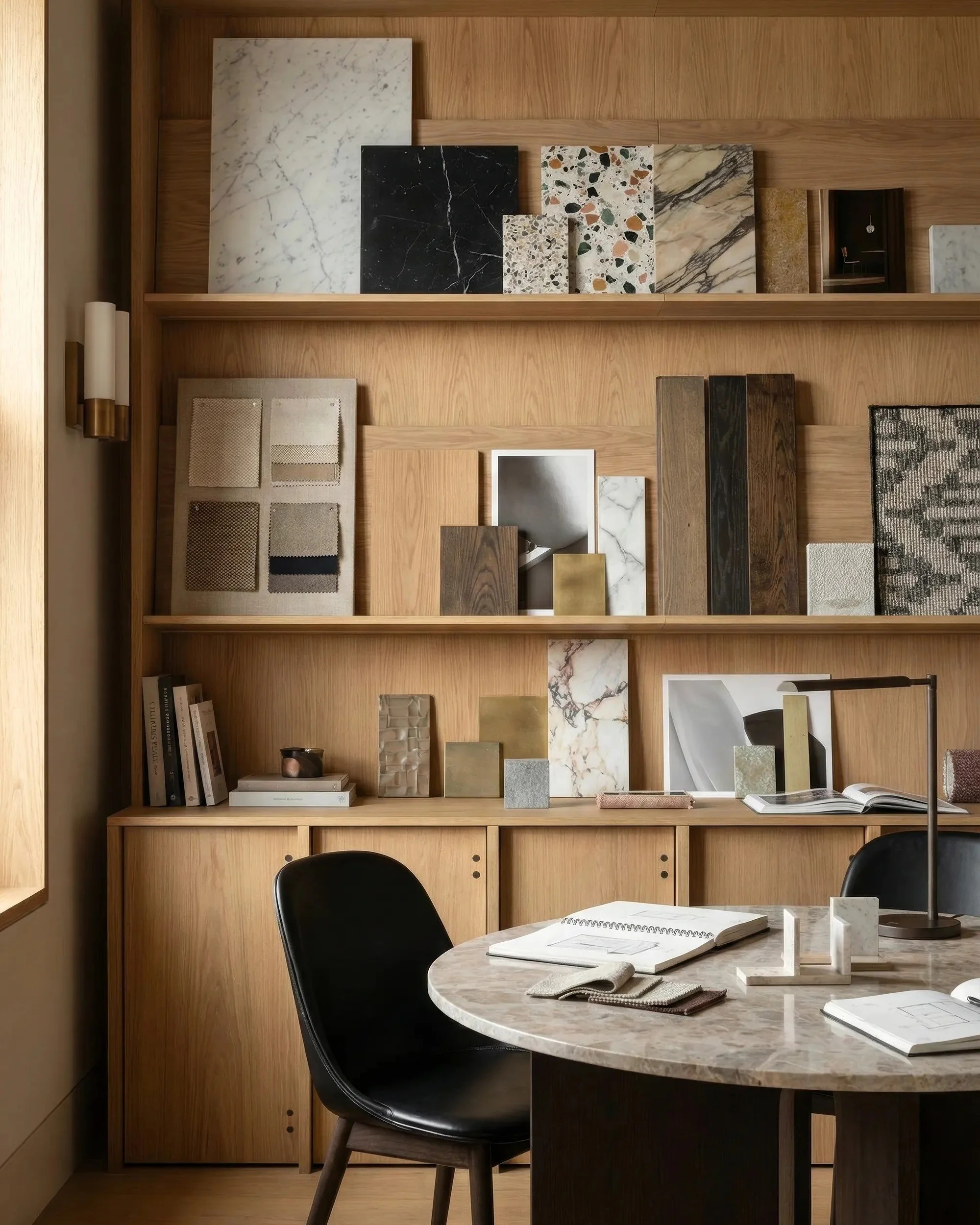 Interior of a modern office with a round marble table, black chair, and wooden shelving displaying various marble and stone samples. The wall features a built-in desk area with books, arranged materials, and a table lamp.