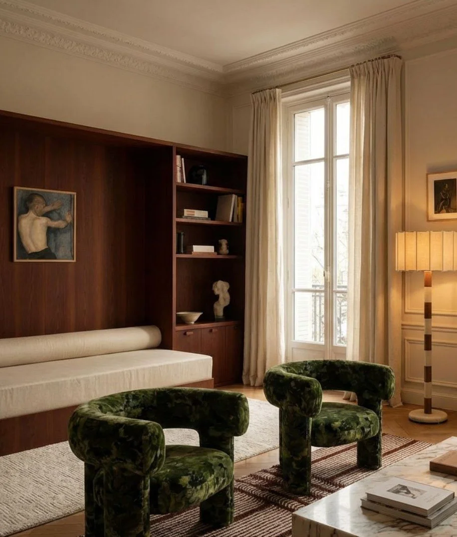 A cozy living room with a large window, cream-colored curtains, a wooden wall with built-in shelves, a cream bench, two green velvet armchairs, a tall floor lamp with a beige shade, framed artwork, and books on a marble coffee table.