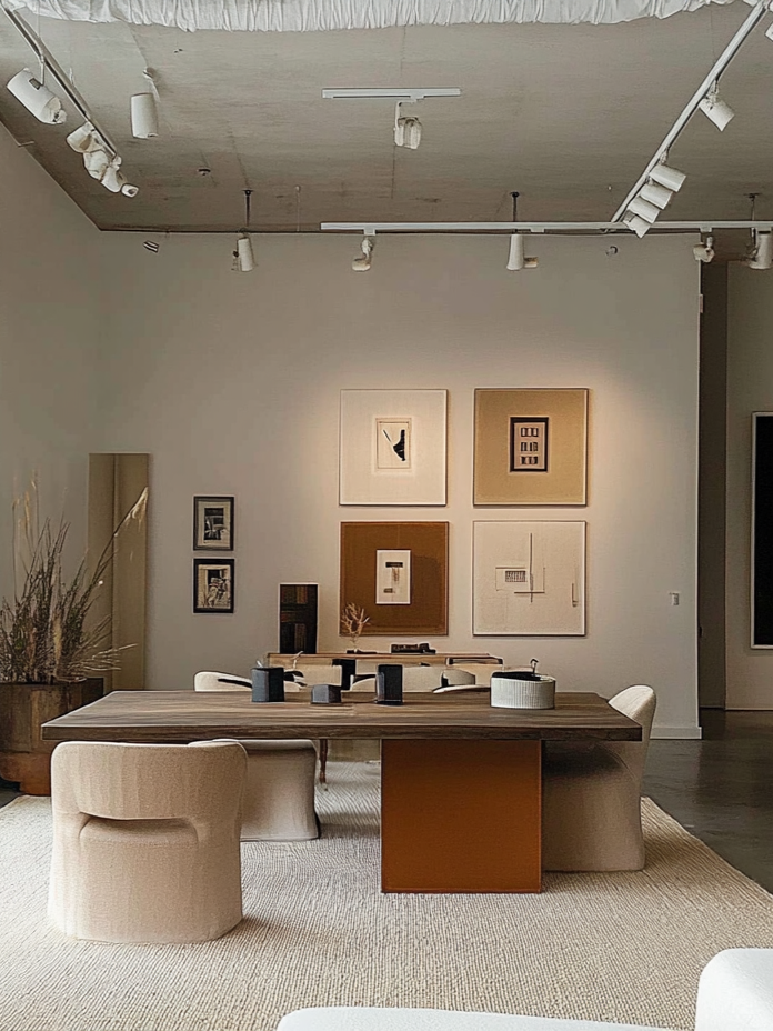 Modern dining room with a wooden table, upholstered chairs, and framed artwork on the wall.