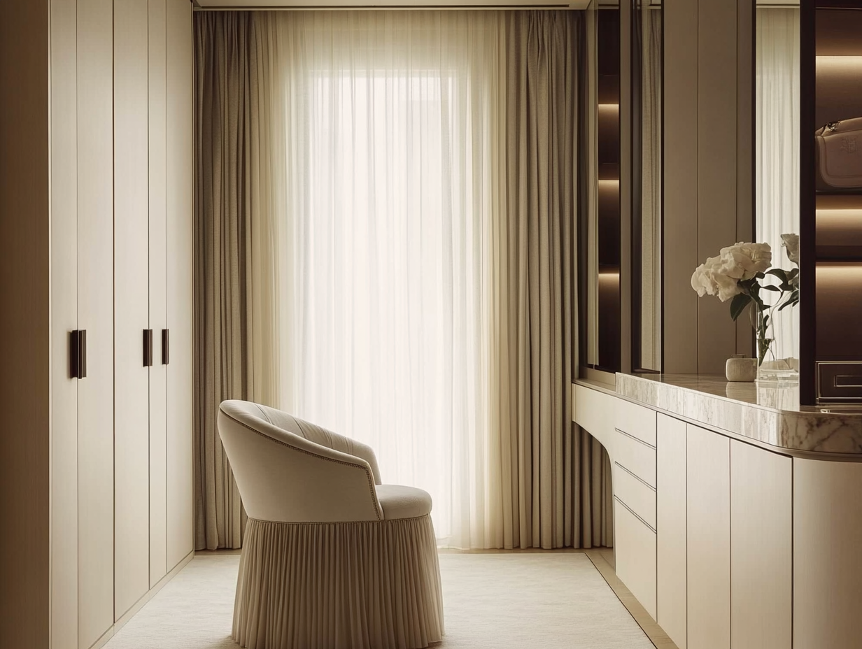 A cozy room corner with a beige upholstered chair under a large window dressed with beige curtains, a built-in closet on the left, and a marble-topped cabinet on the right with a vase of white flowers.