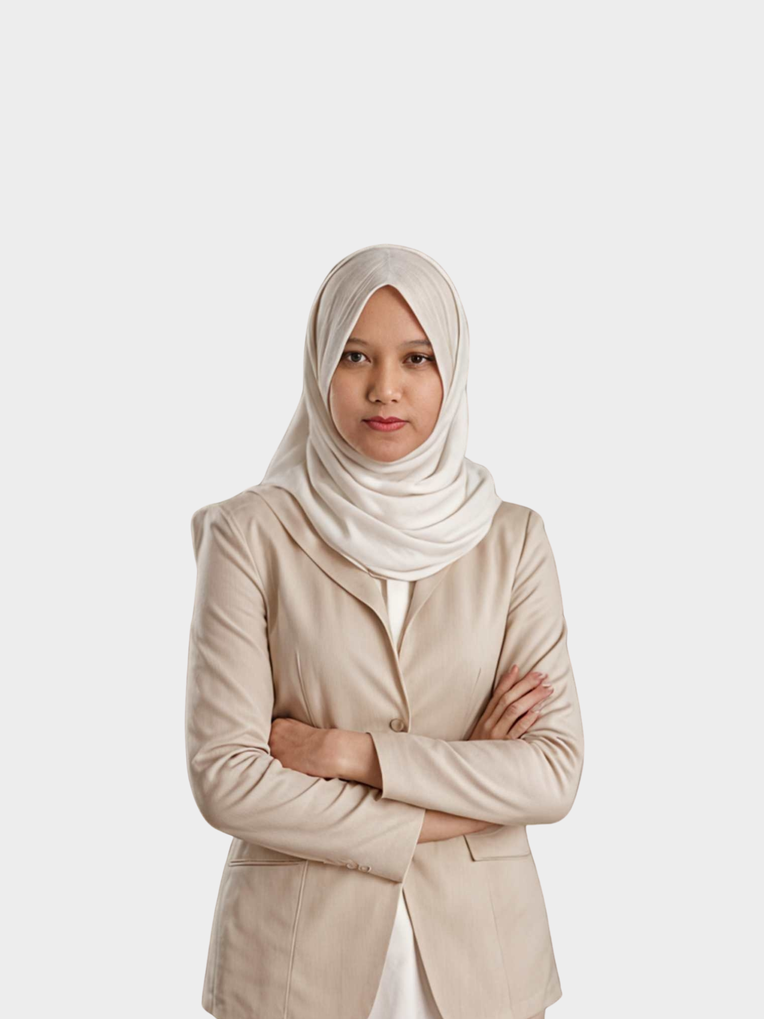 A woman wearing a white hijab and a beige blazer with arms crossed, standing against a plain white background.
