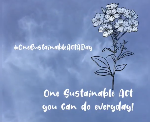 Illustration of a flower against a blue sky background with text promoting one sustainable act daily.