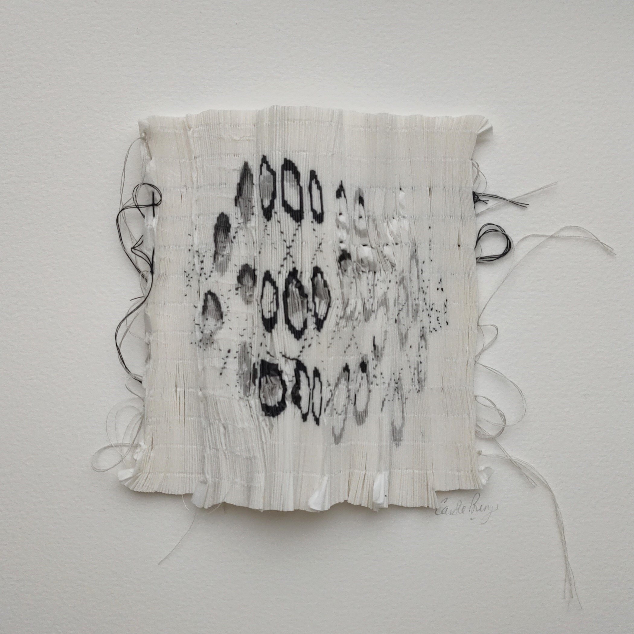 Glacial Particles. BobCat Gallery £100.00 March 2026.
Pleated Chinese Paper. Marker Pens. Cotton Threads. Hand stitched to watercolour paper.
Unframed. 24 X 24cm