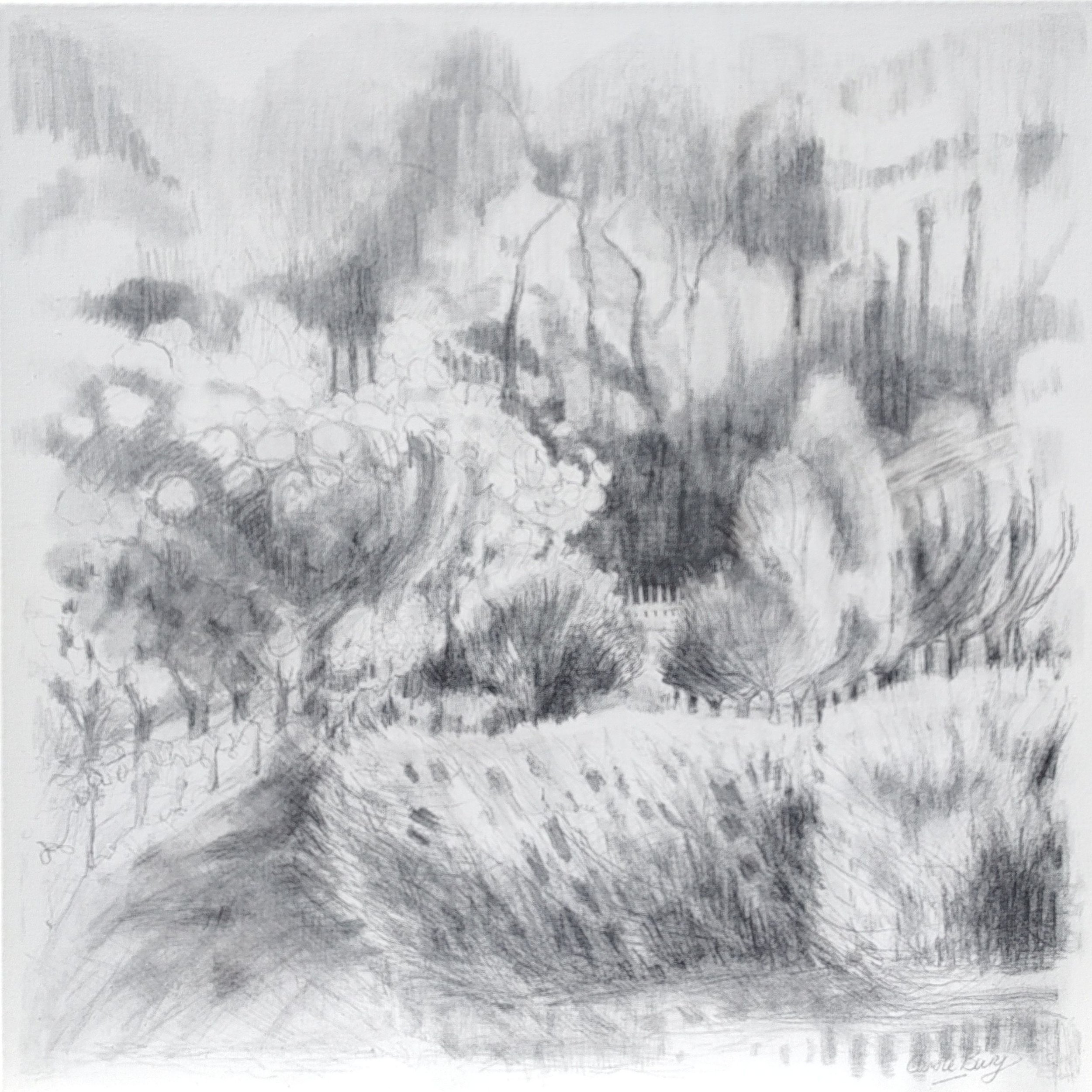Carole Bury. 'Shelter' Rococo Garden, Painswick. 70x70cm pencil drawing on canvas.
RHS Chelsea - PURE FINE ART - stand RHW248