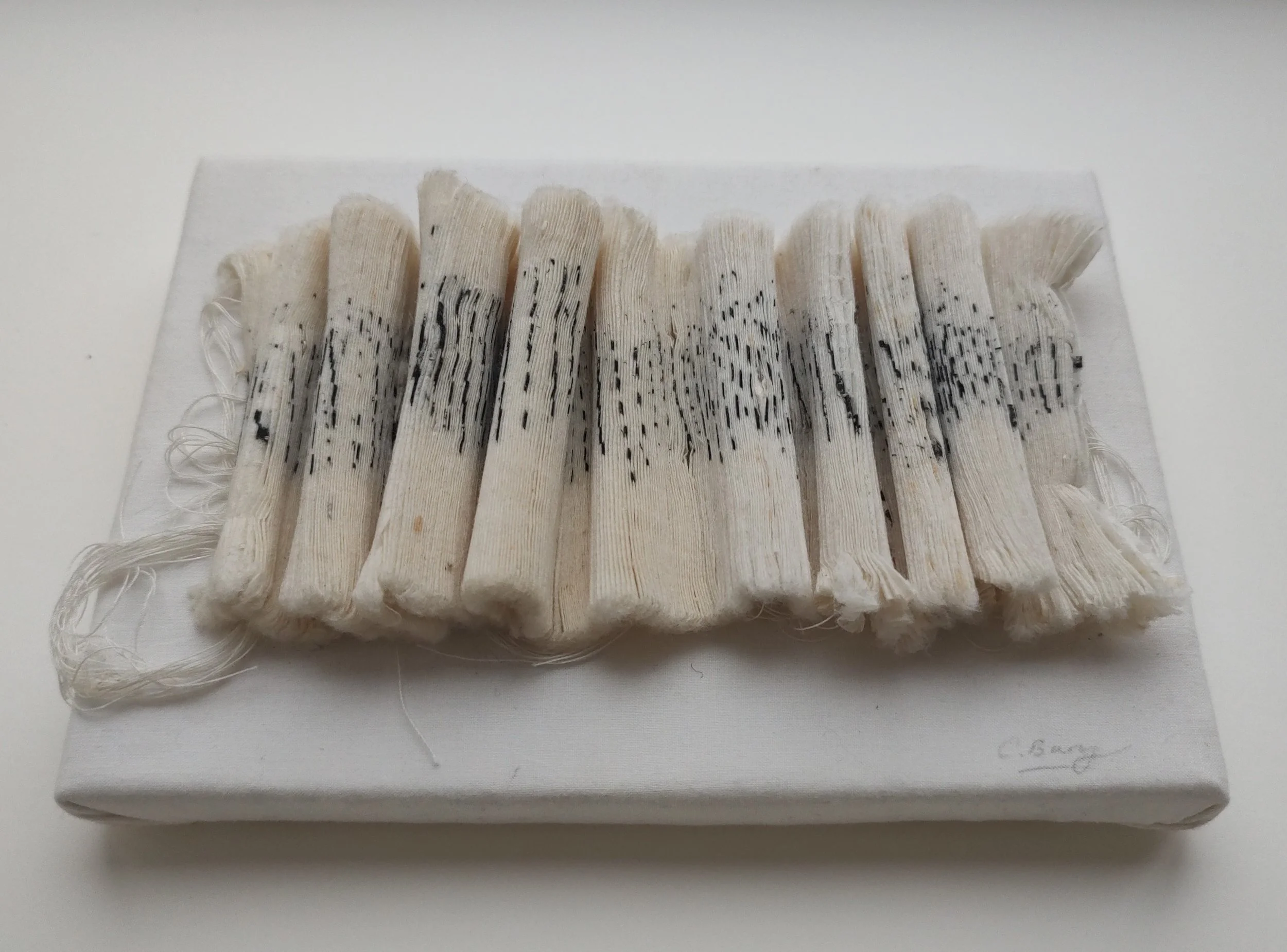 Carole Bury. Limestone Journey.
Chinese Paper, Sumi Ink, Cotton Threads. Hand stitched to fabric covered wooden frame. H13xW18cm
£100.00 plus P&P. contact by email