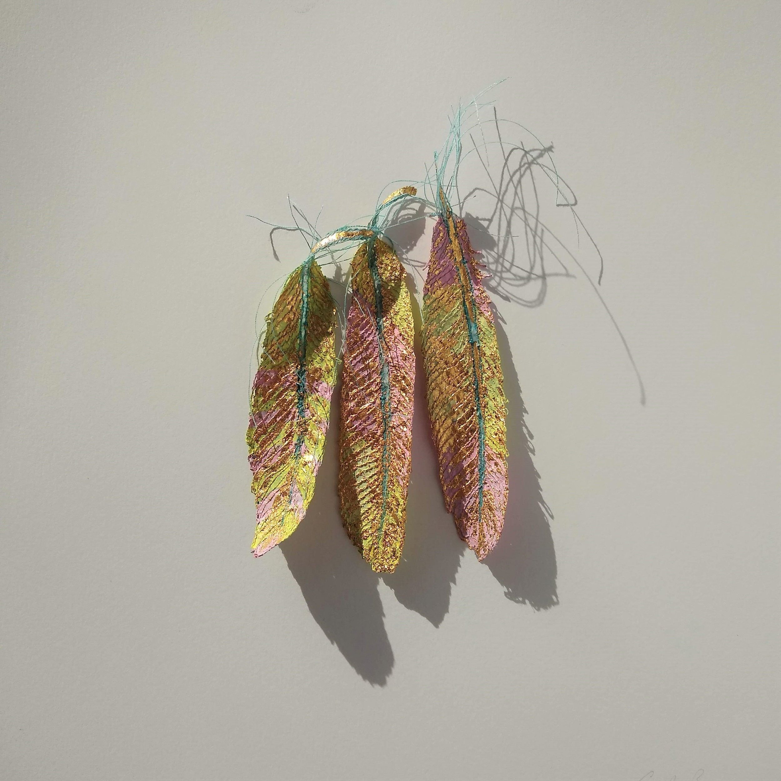 Golden Feathers: Shelter  Available from BobCat Gallery, Putney Exchange.
Embroidery, Pigments. Gold Leaf