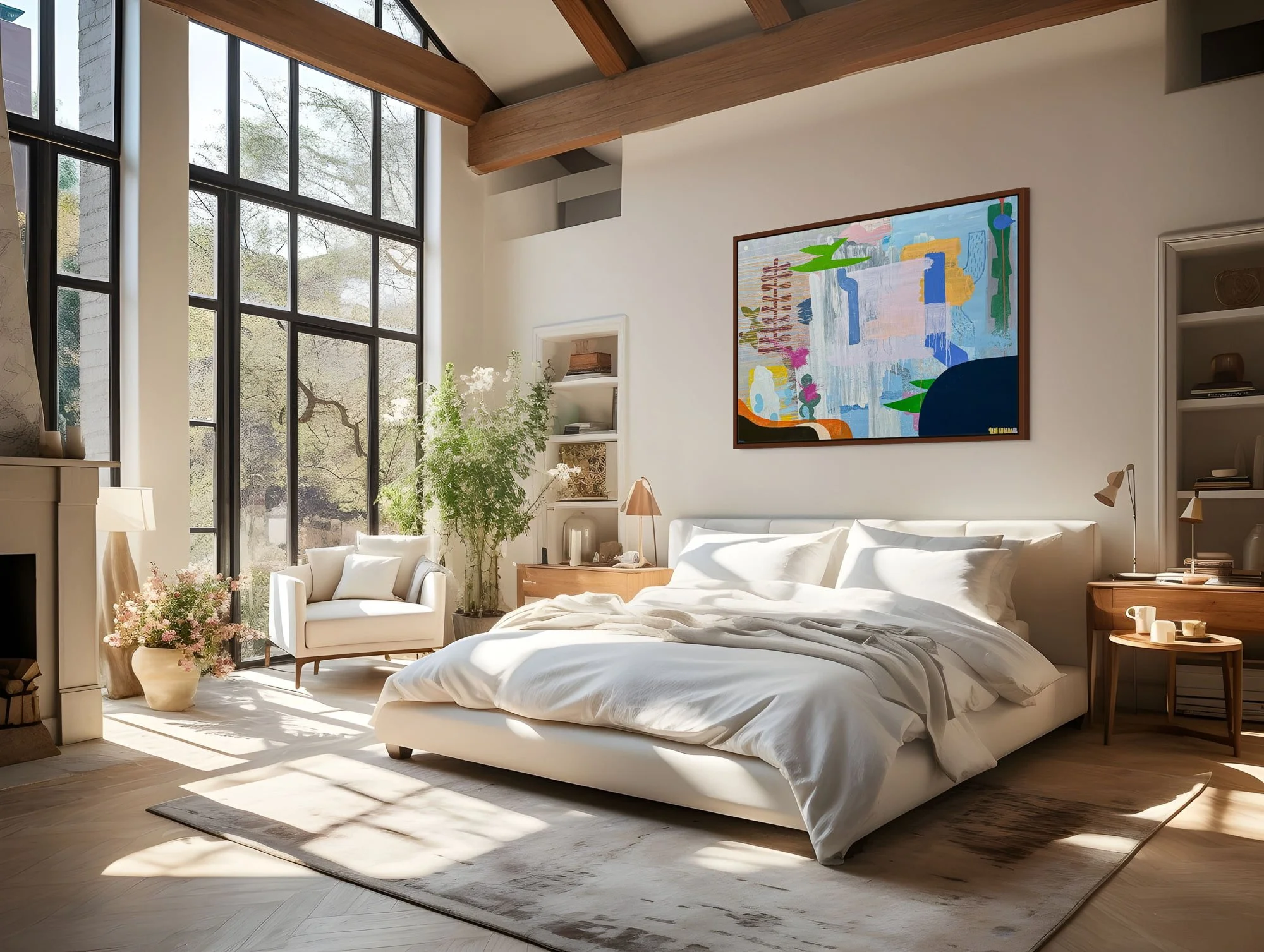 Large colourful abstract oil painting in bright airy bedroom with exposed beams and floor to ceiling windows, blue green orange and navy contemporary art, statement painting for light modern interior, Martin Finnin Irish artist