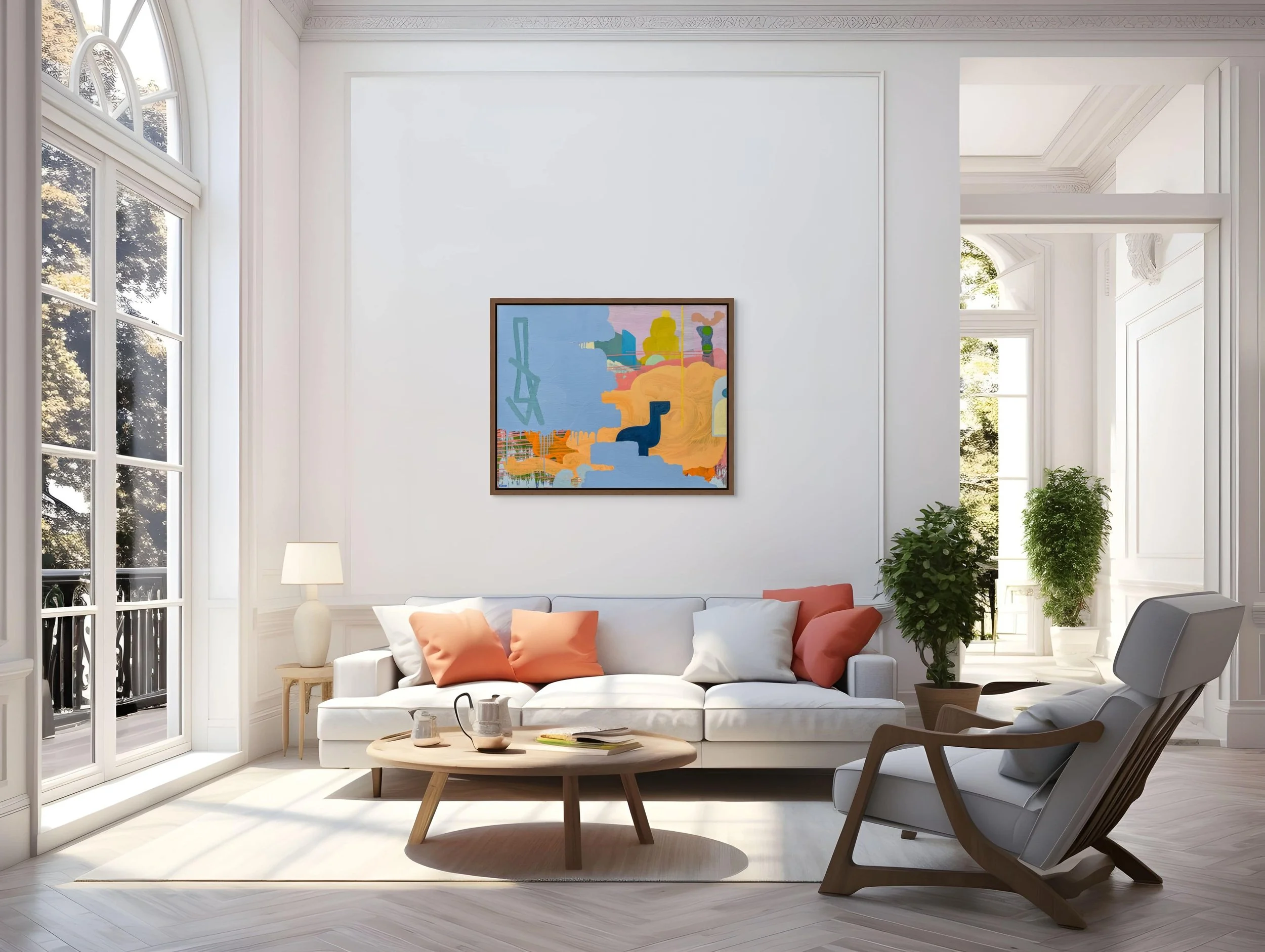 Colourful abstract oil painting in bright Parisian style living room with tall windows and coral cushions, blue orange and peach contemporary canvas, statement art for elegant interior, Martin Finnin Irish artist