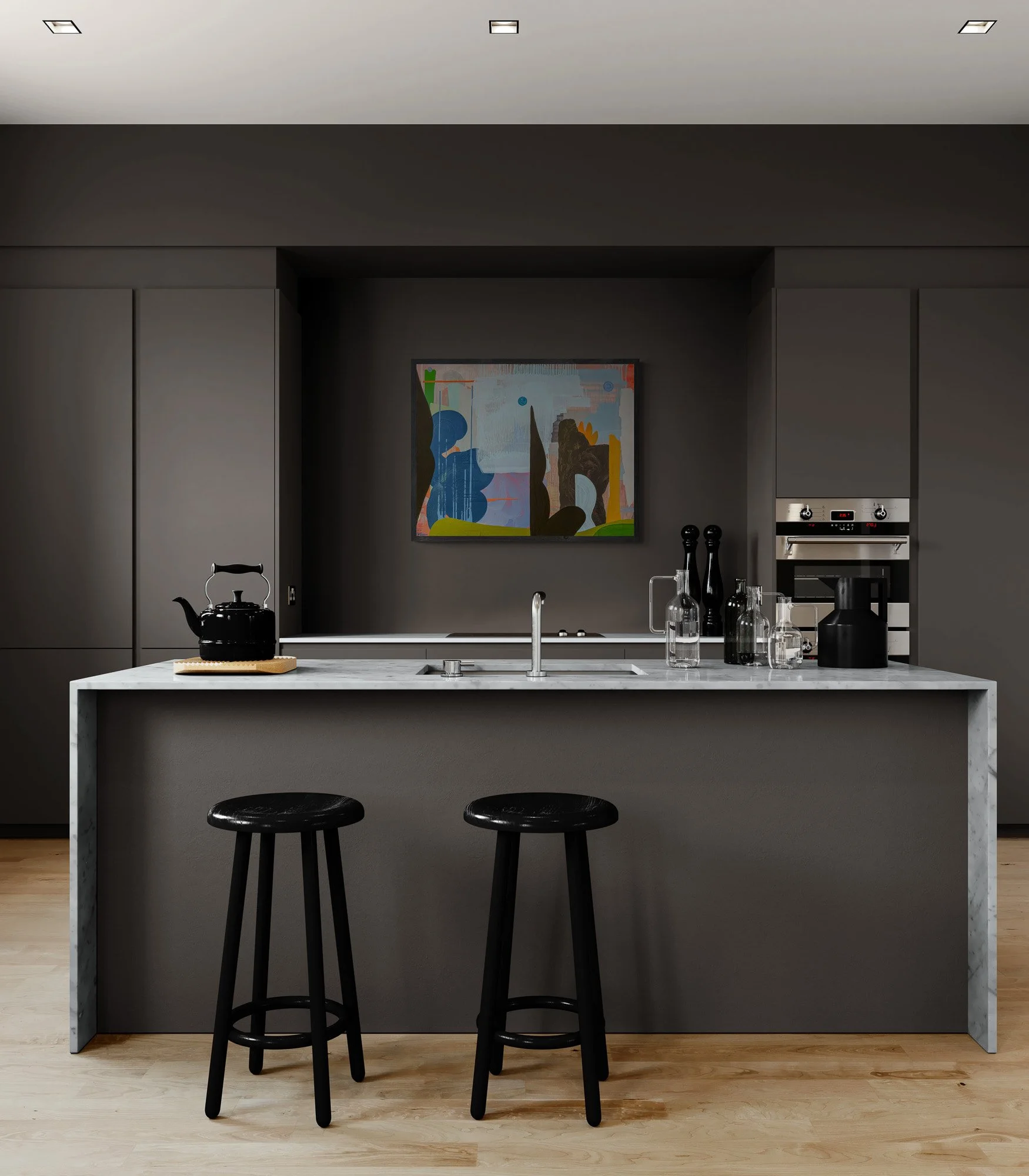 Colourful abstract oil painting in dark charcoal contemporary kitchen with marble island and black bar stools, blue black and olive green canvas, bold statement art for dramatic modern interior, Martin Finnin Irish artist