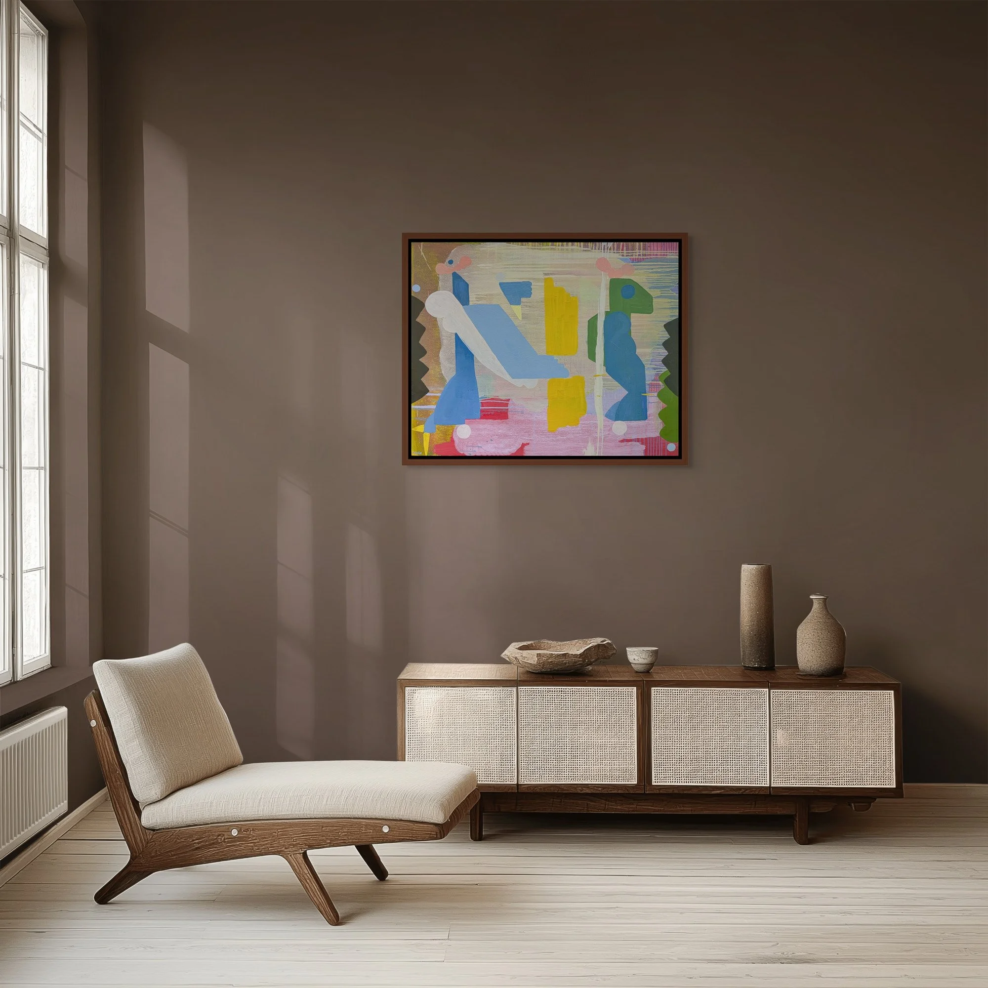 Colourful abstract oil painting in warm moody living room, blue yellow pink and green contemporary art above sideboard, statement painting for dark elegant interior, Martin Finnin Irish artist