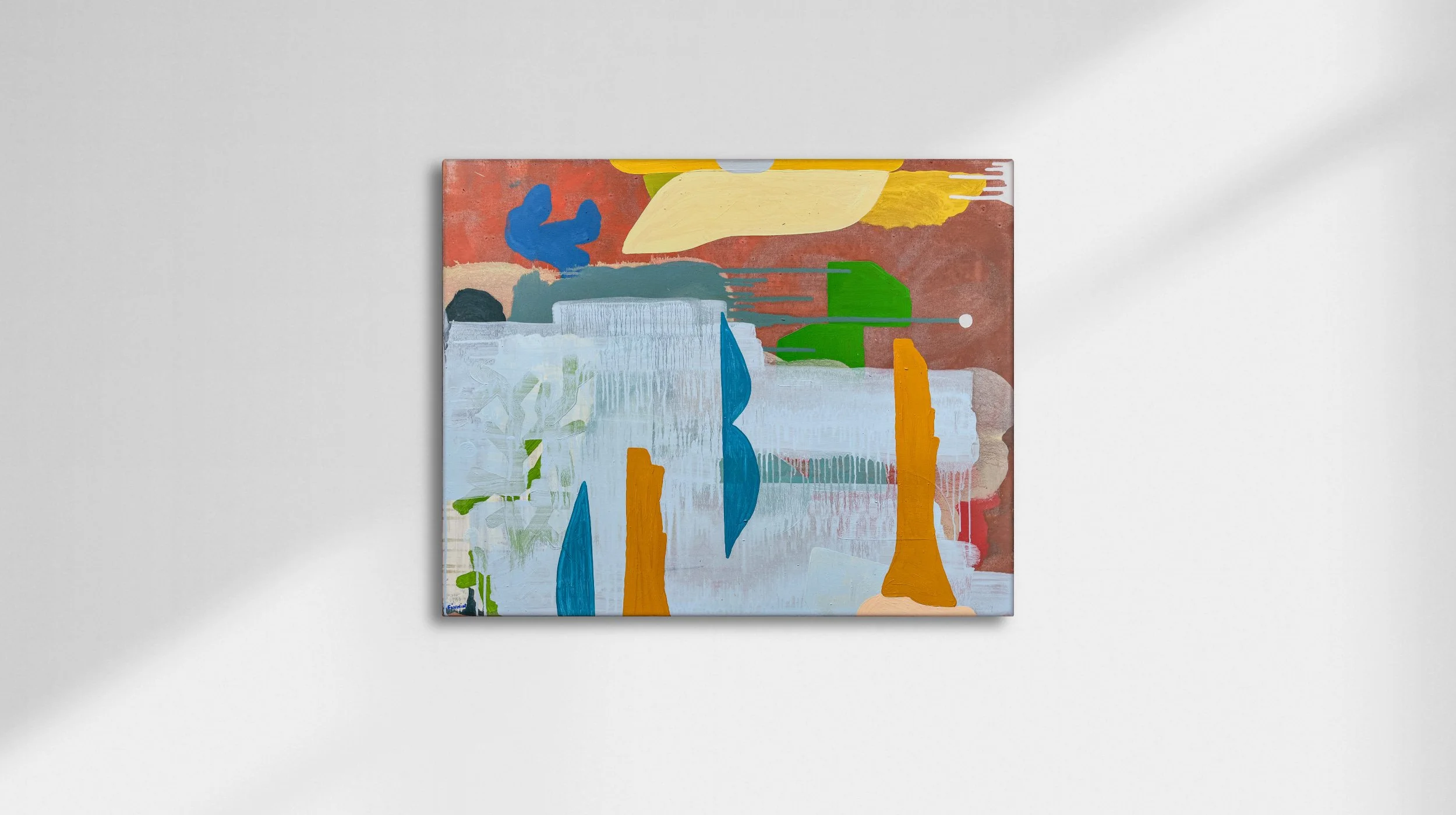 Abstract oil painting with terracotta pink sky, pale blue ground, ochre blue and green forms, layered brushwork and drips, Martin Finnin Irish artist West Cork