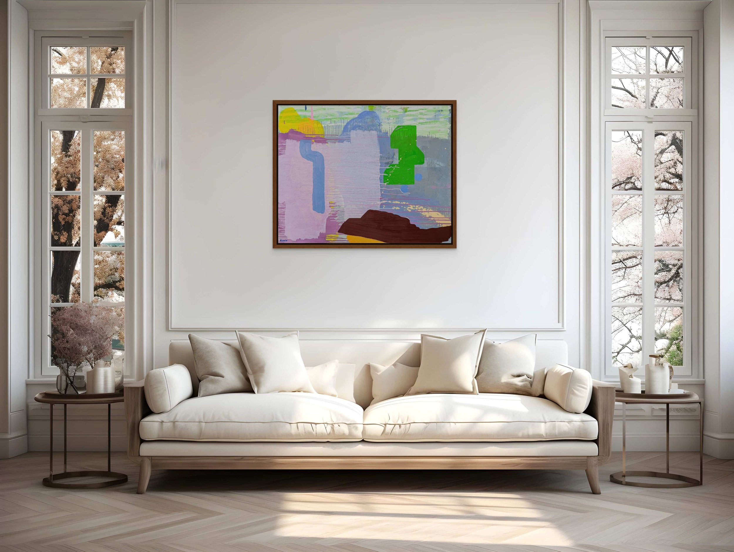 Colourful abstract oil painting in elegant bright living room with cream sofa and blossom trees, lavender green and brown contemporary canvas, statement art for classic interior, Martin Finnin Irish artist