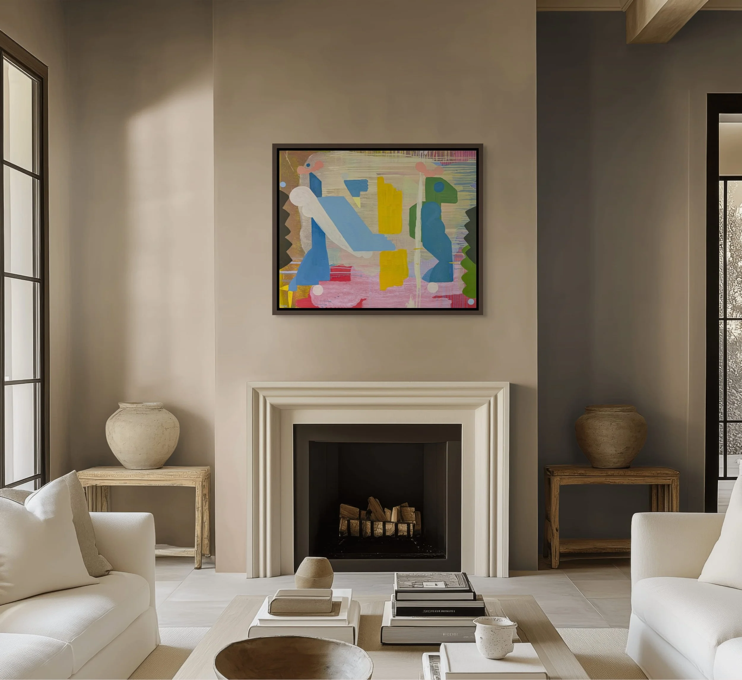 Colourful abstract oil painting above fireplace in elegant neutral living room, blue yellow pink and green contemporary art, statement painting for classic interior, Martin Finnin Irish artist