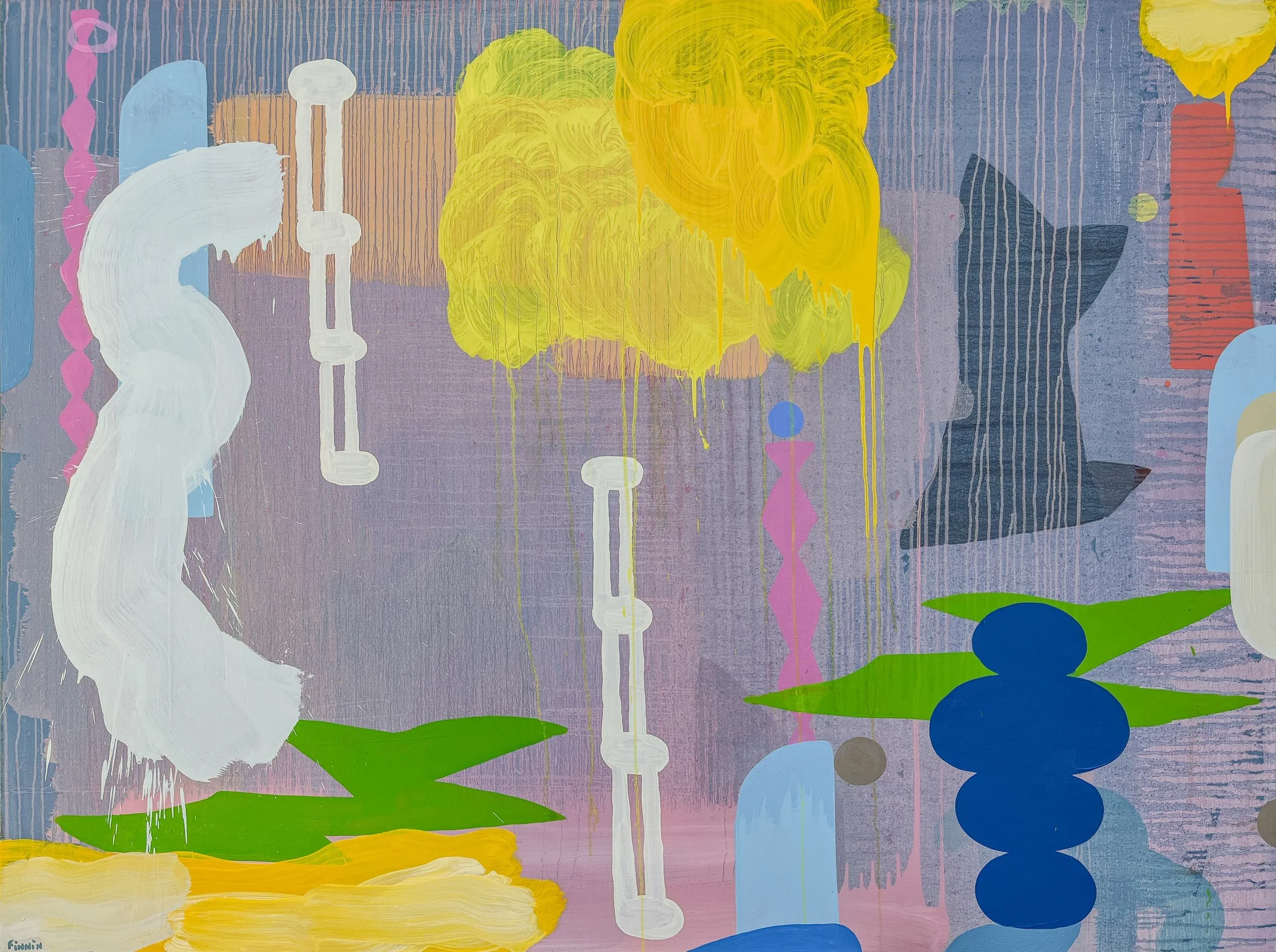 Vivid abstract oil painting with yellow cloud forms green blue white and pink on lavender grey ground, energetic brushwork and drips, Martin Finnin Irish artist West Cork
