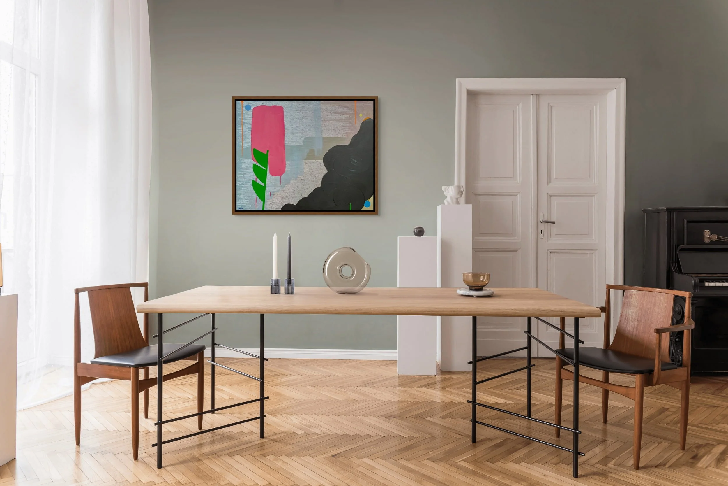 Colourful abstract oil painting in elegant sage green dining room with oak table and mid-century chairs, pink green and black contemporary canvas, statement art for sophisticated interior, Martin Finnin Irish artist