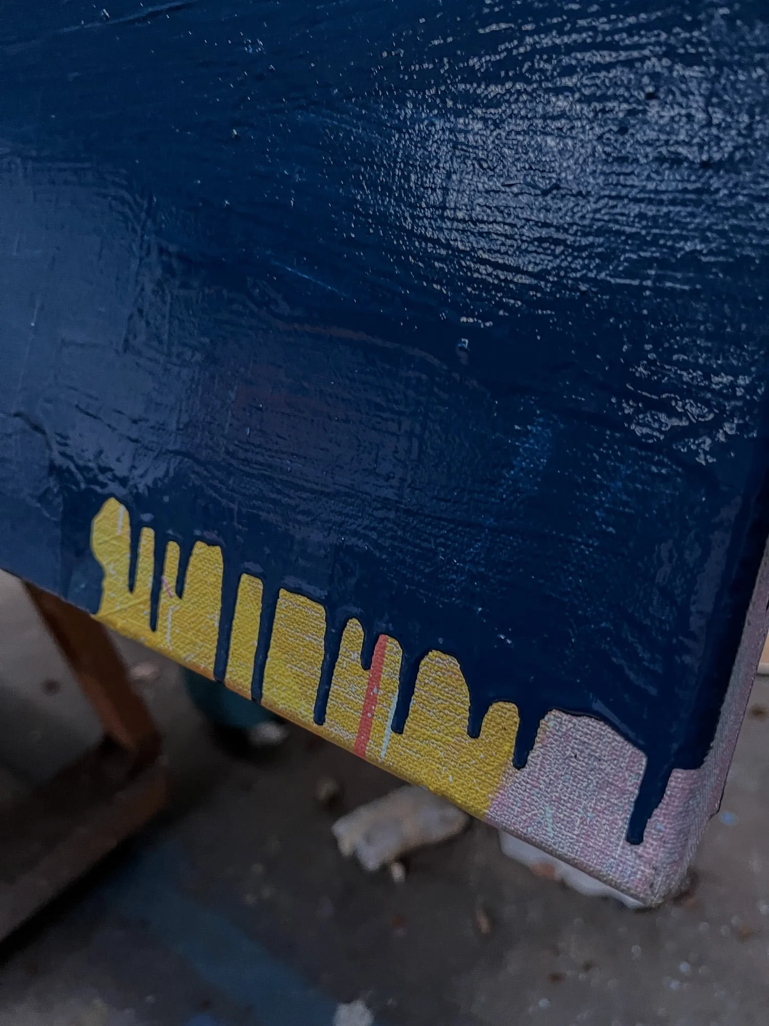 Large colourful abstract oil painting in minimal high-rise interior with city skyline view, blue green orange and navy contemporary art on grey wall, statement painting for dramatic modern space, Martin Finnin Irish artist