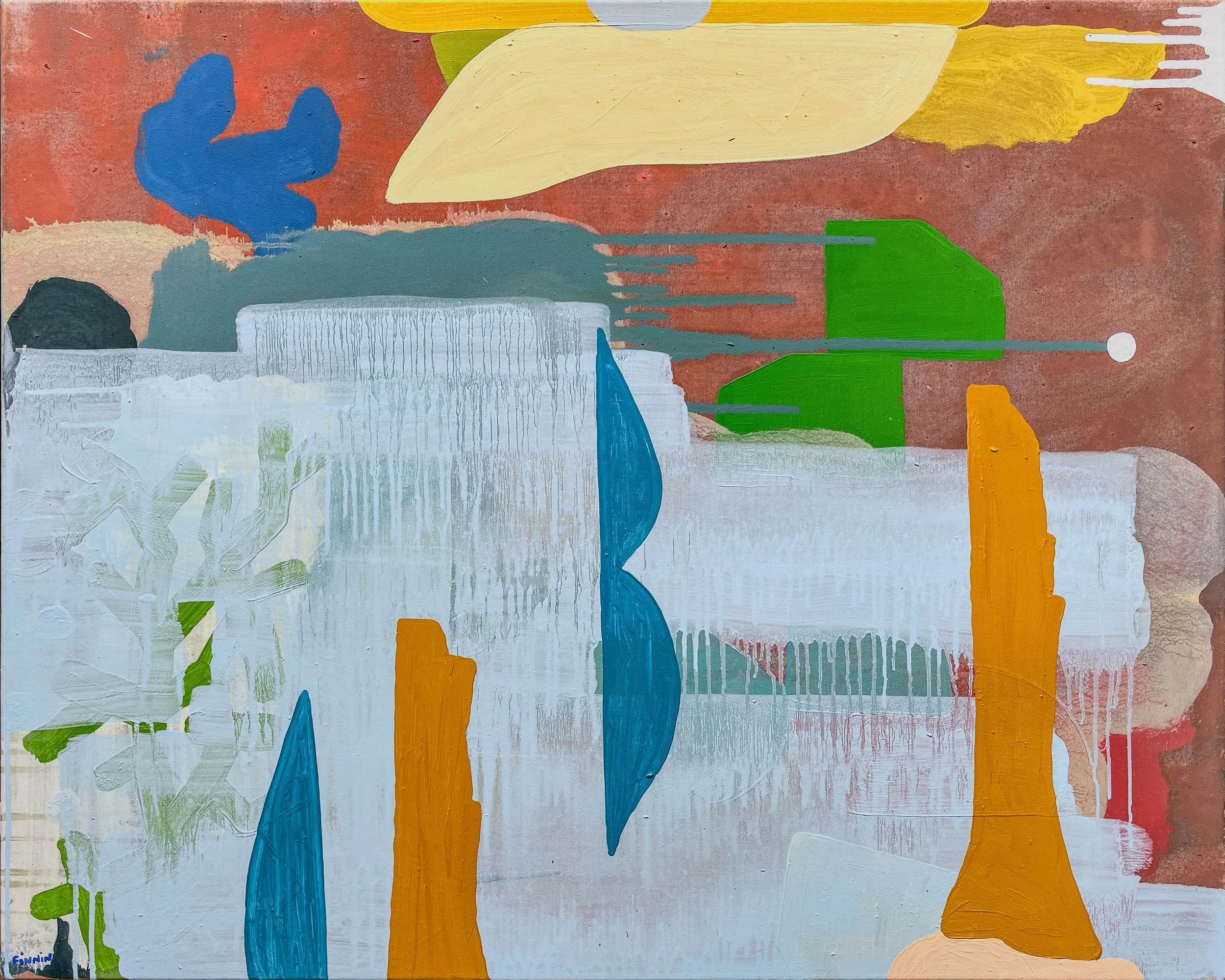 Abstract oil painting with terracotta pink sky, pale blue ground, ochre blue and green forms, layered brushwork and drips, Martin Finnin Irish artist West Cork