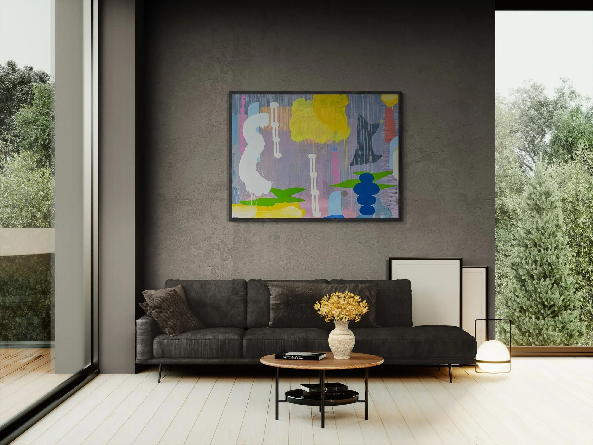 Large colourful abstract oil painting in dark contemporary living room, yellow green blue and white contemporary art on charcoal wall above sofa, statement painting for dramatic modern interior, Martin Finnin Irish artist