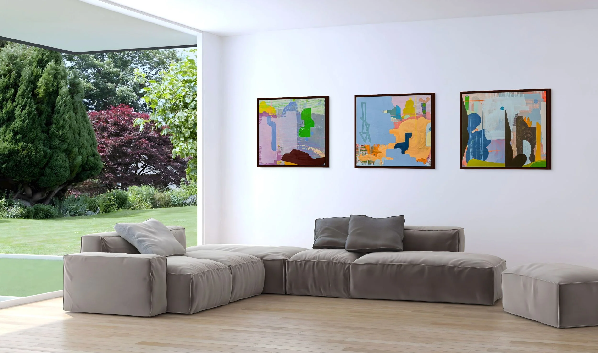 Three colourful abstract oil paintings in minimal contemporary living room with garden view, blue orange and peach canvases by Irish artist Martin Finnin, statement art collection for modern interior