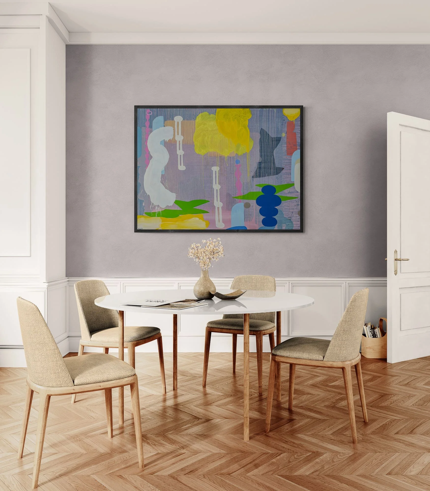 Large colourful abstract oil painting in elegant Parisian dining room, yellow green blue and pink contemporary art on lavender wall, statement painting for classic European interior, Martin Finnin Irish artist