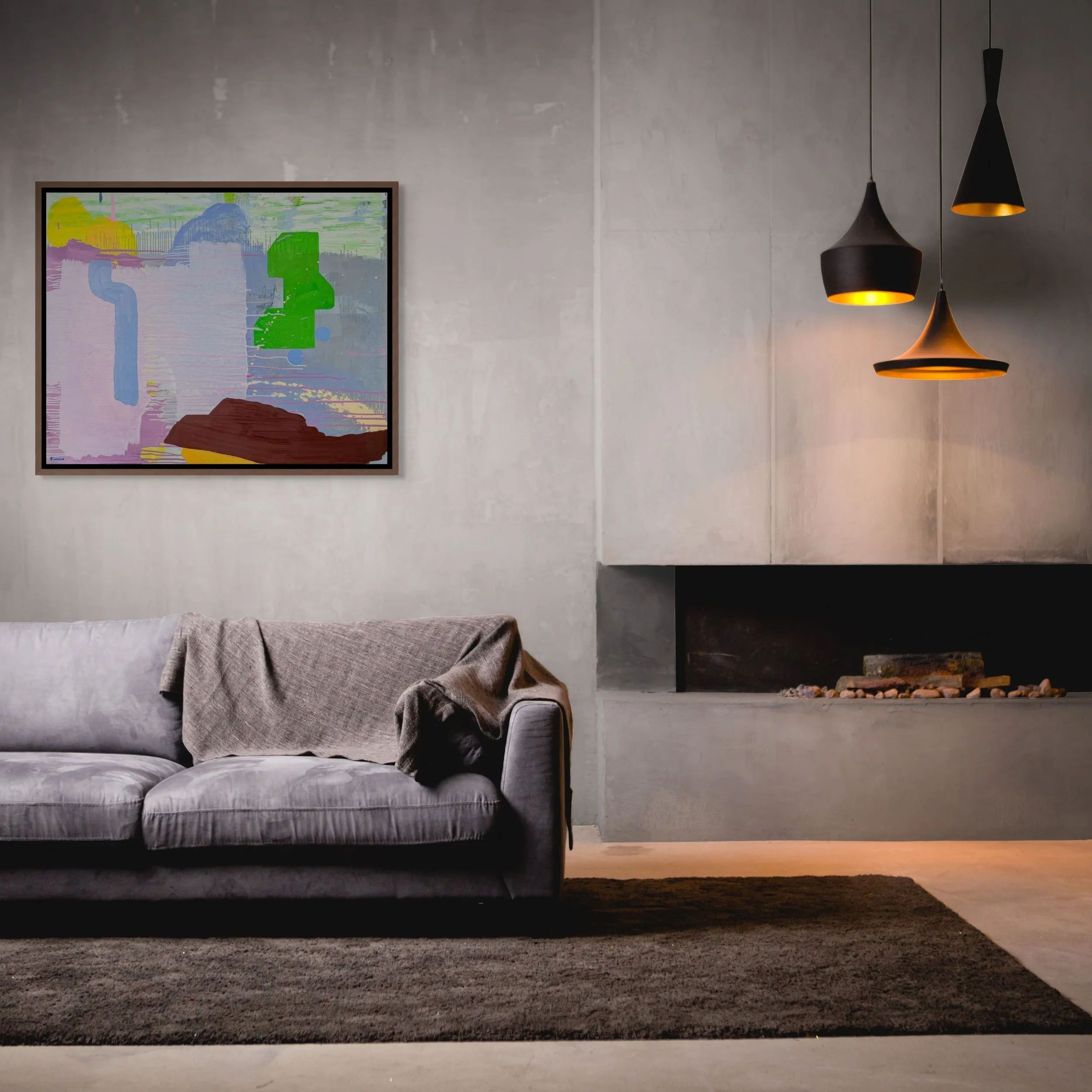 Colourful abstract oil painting in dark intimate living room with fireplace, lavender green and brown contemporary canvas, statement art for moody cosy lounge, Martin Finnin Irish artist