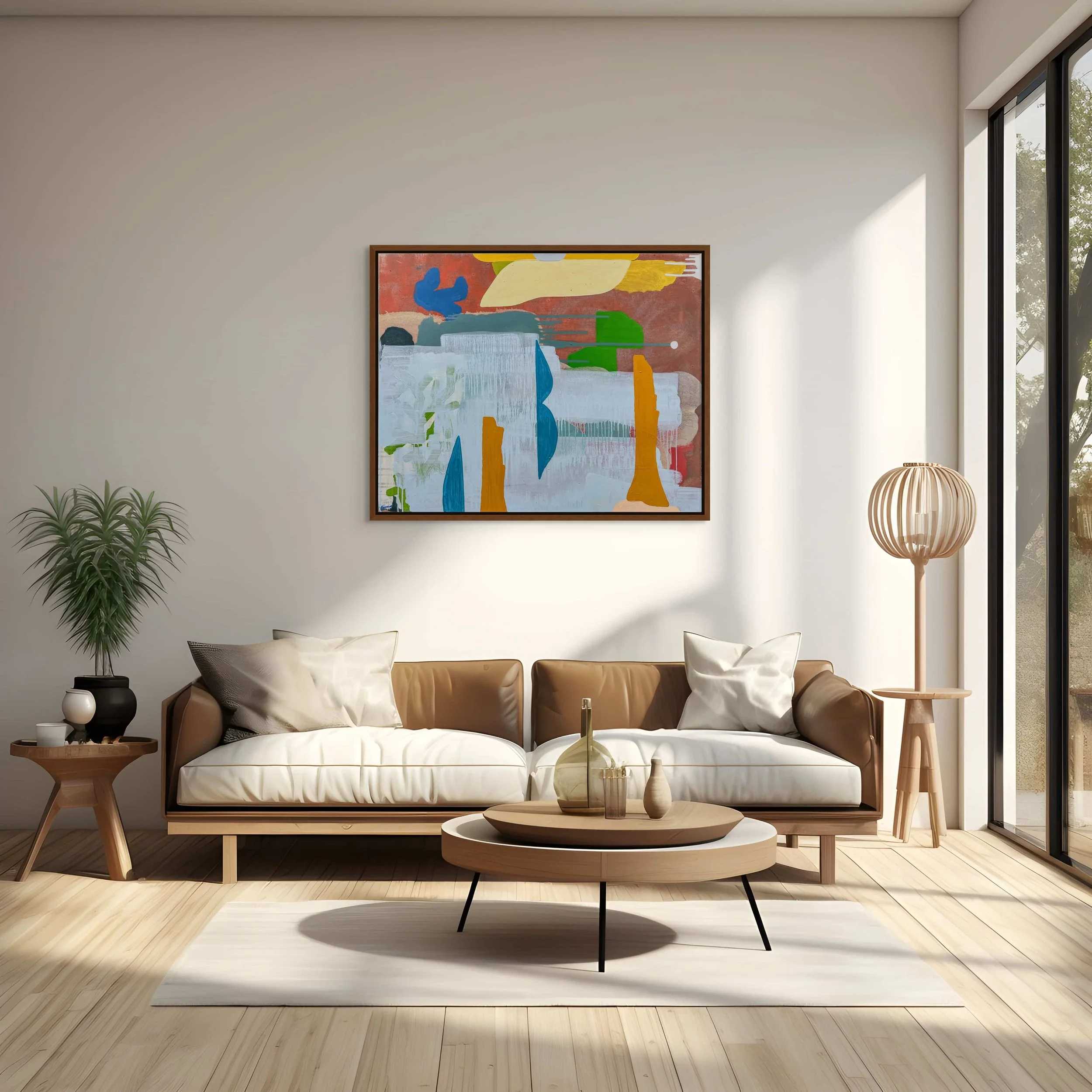 Colourful abstract oil painting above sofa in warm Scandinavian living room, terracotta yellow blue and green contemporary art, statement painting for natural wood interior, Martin Finnin Irish artist