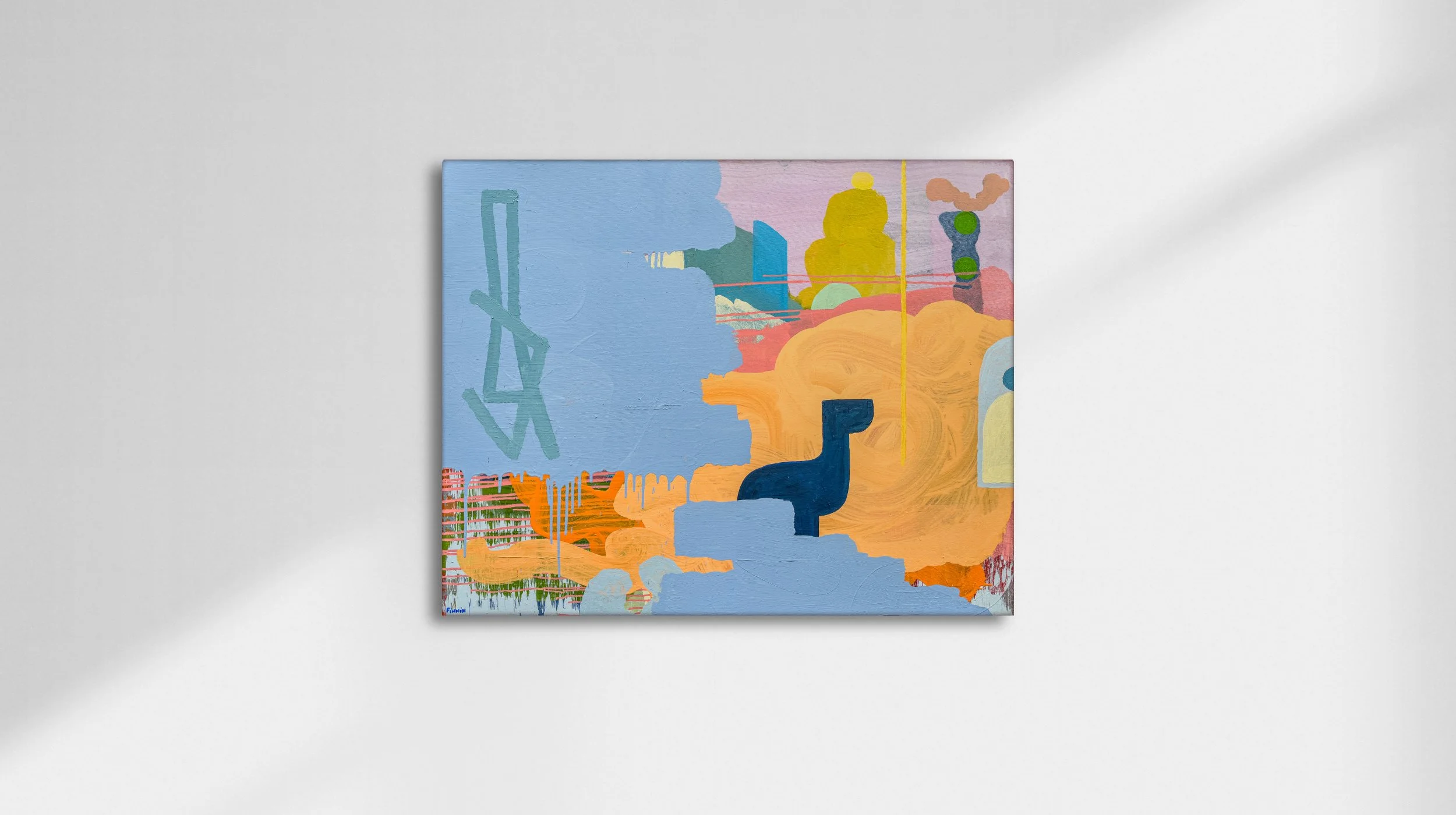 Original abstract oil painting with swirling peach orange wave form on periwinkle blue, yellow and pink contemporary canvas, large original painting by Irish artist Martin Finnin