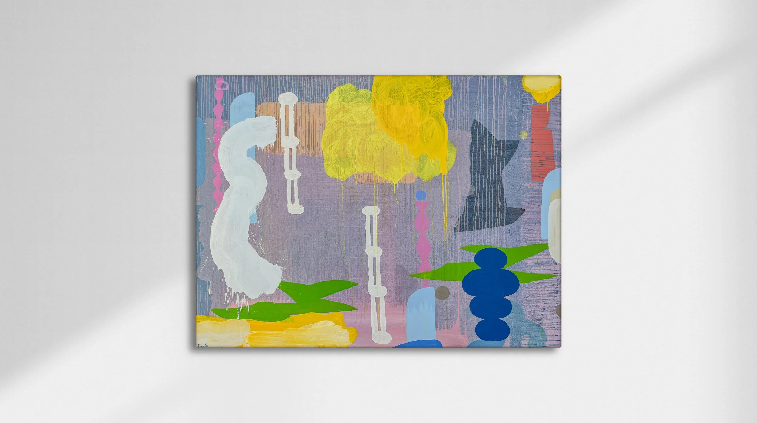 Vivid abstract oil painting with yellow cloud forms green blue white and pink on lavender grey ground, energetic brushwork and drips, Martin Finnin Irish artist West Cork