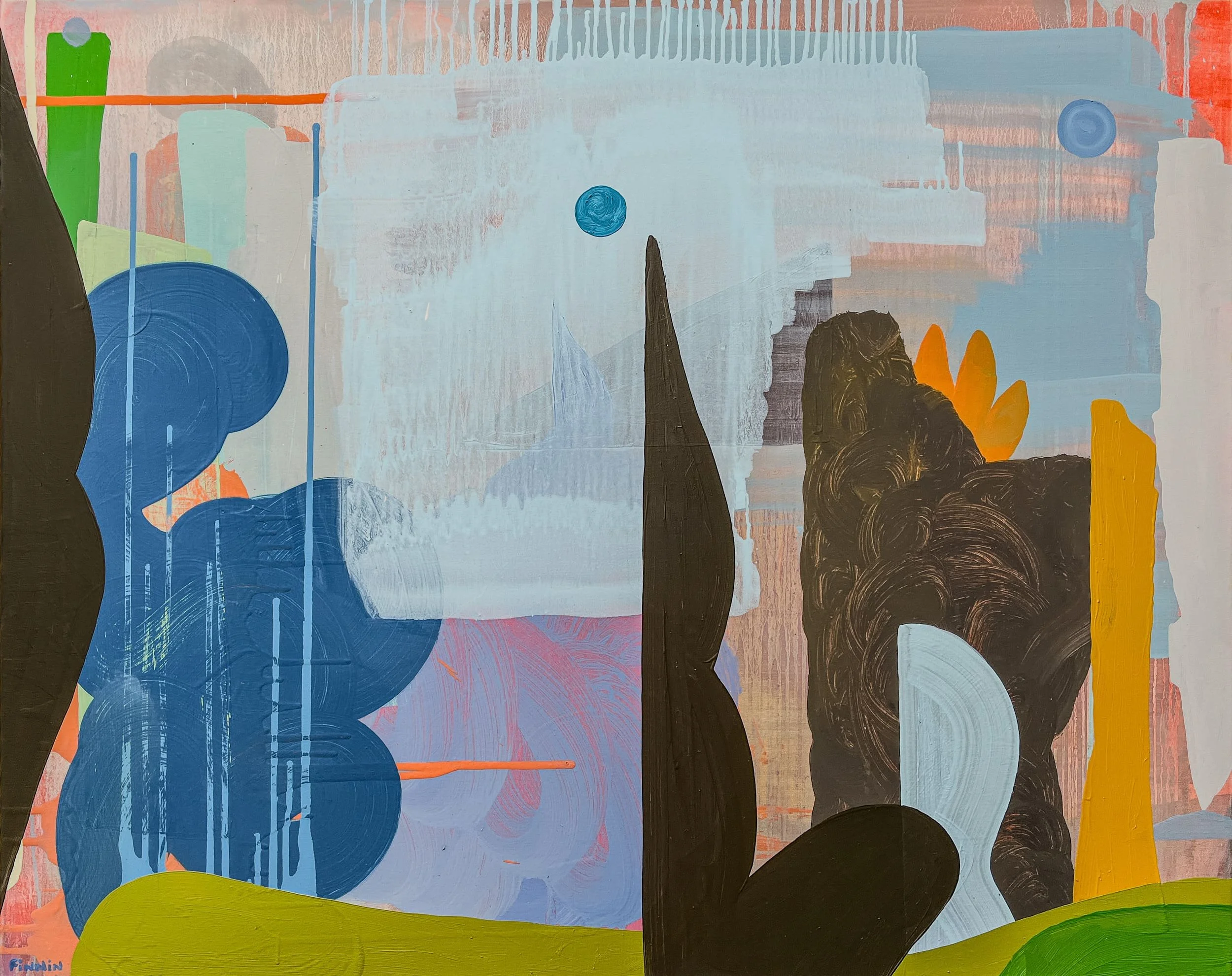 Original abstract oil painting with dark black forms and blue navy against pale pink, yellow and olive green, large contemporary canvas by Irish artist Martin Finnin, original art for sale