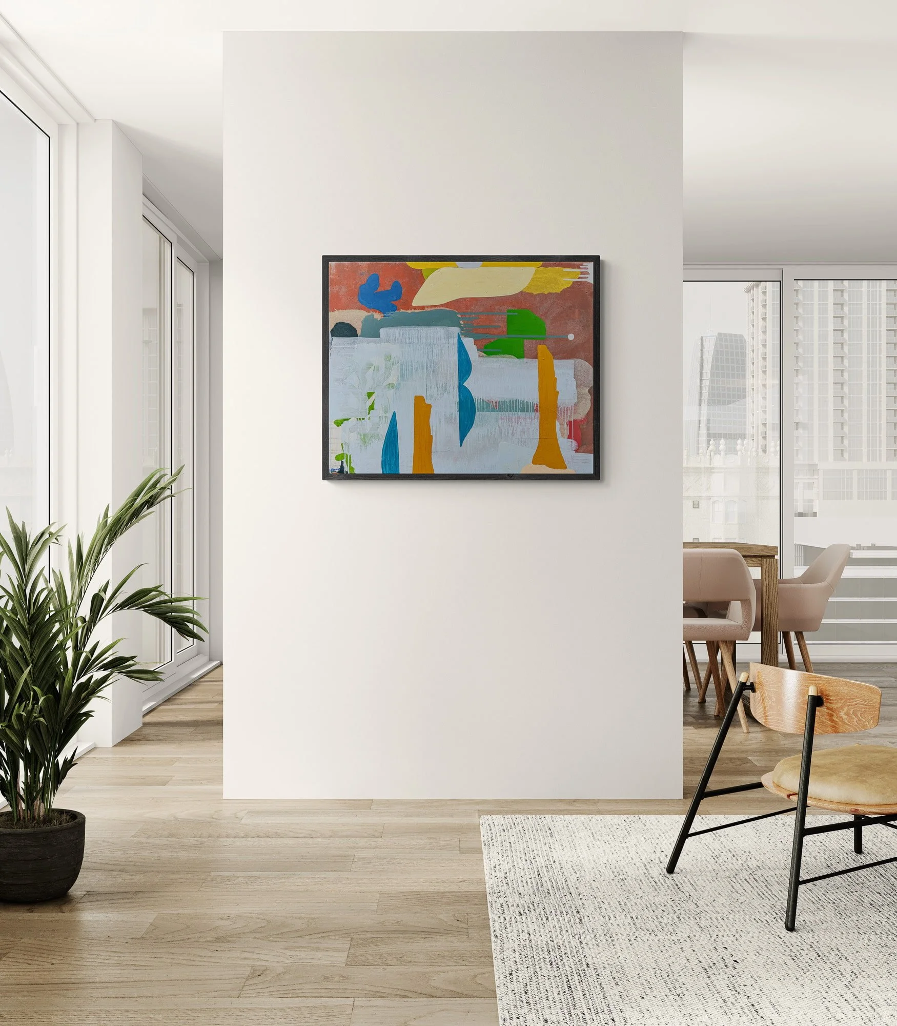 Colourful abstract oil painting in bright modern apartment, terracotta yellow blue and green contemporary art on white wall, statement painting for minimal Scandinavian interior, Martin Finnin Irish artist