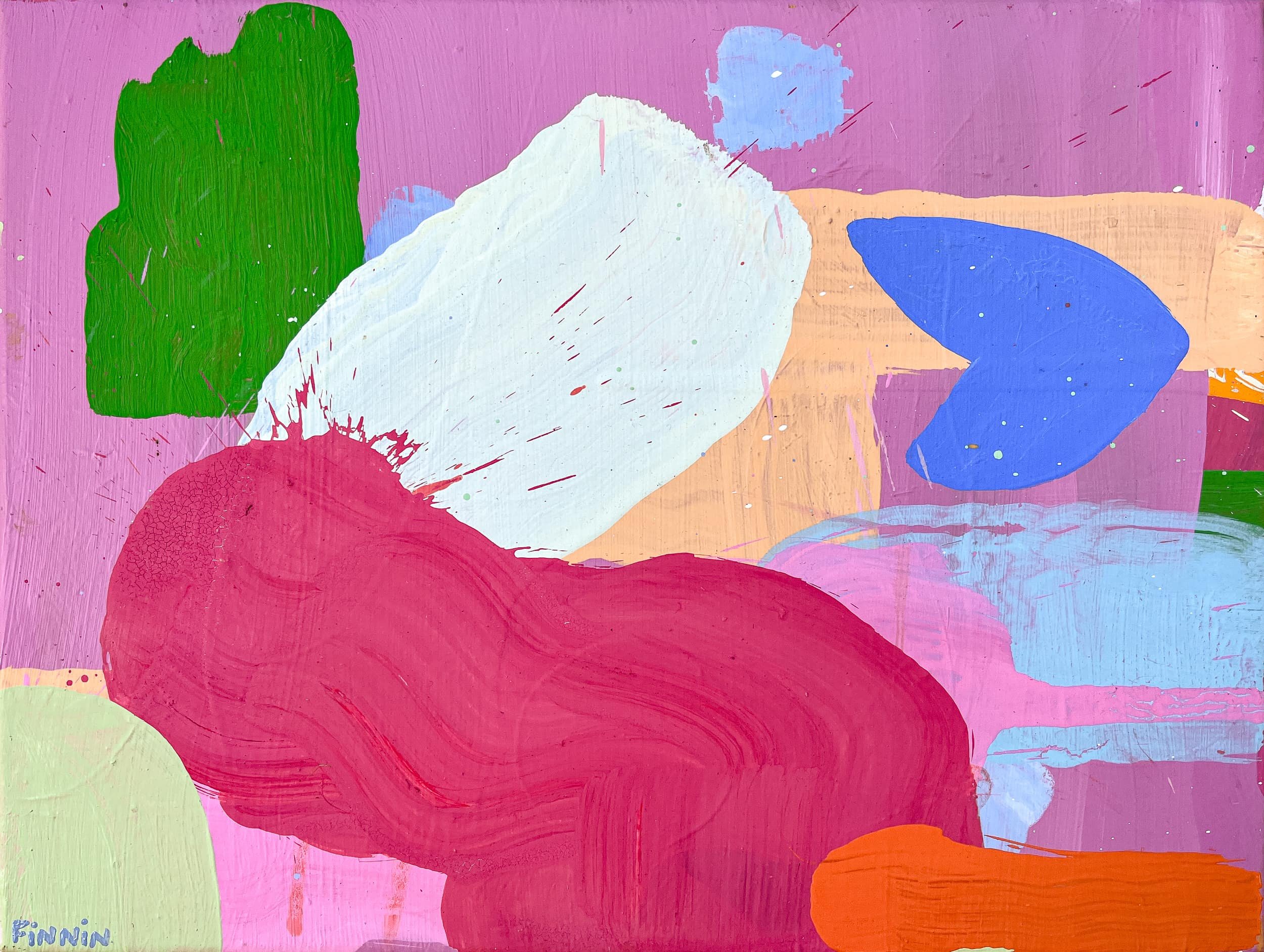 Vibrant abstract oil painting with bold crimson green blue white and orange forms on pink purple ground, energetic brushwork and paint splatter, Martin Finnin Irish artist West Cork