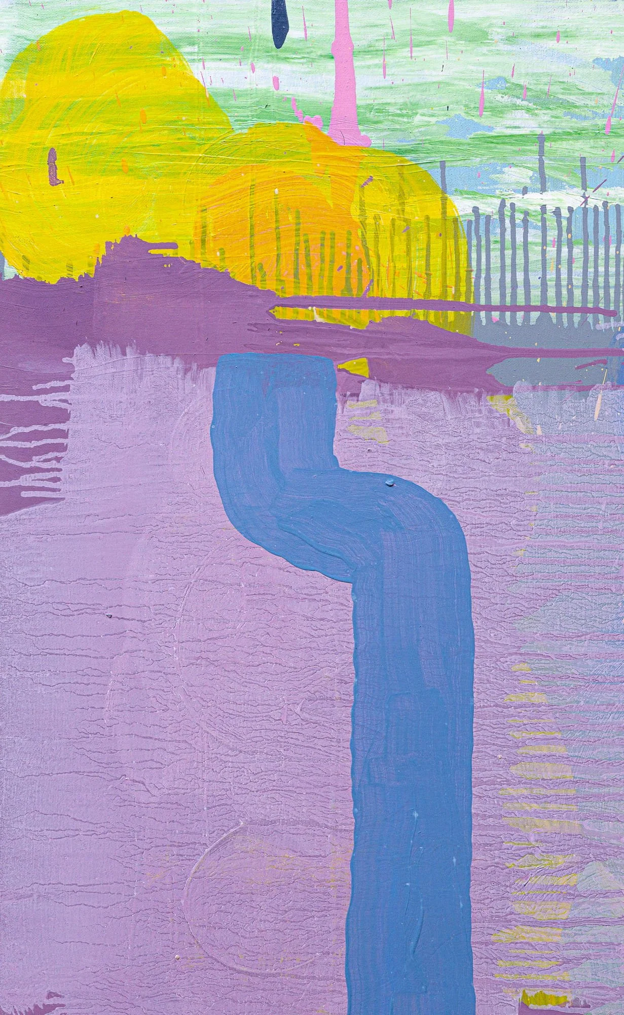 Close up detail of abstract oil painting, lavender pink with bold blue river form and yellow swirls, mint green ice cream sky above, layered paint surface by Martin Finnin Irish artist