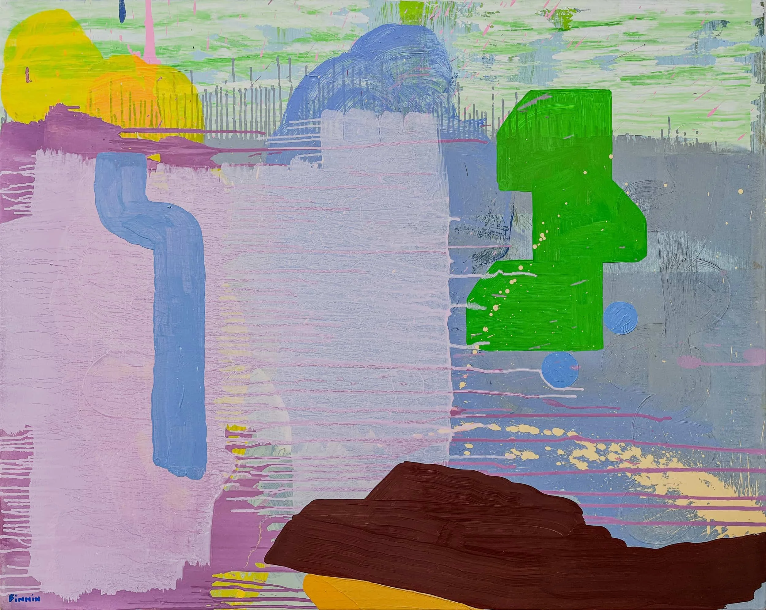 Original abstract oil painting with mint green sky, lavender pink and bright green forms, large contemporary canvas by Irish artist Martin Finnin West Cork, original art for sale