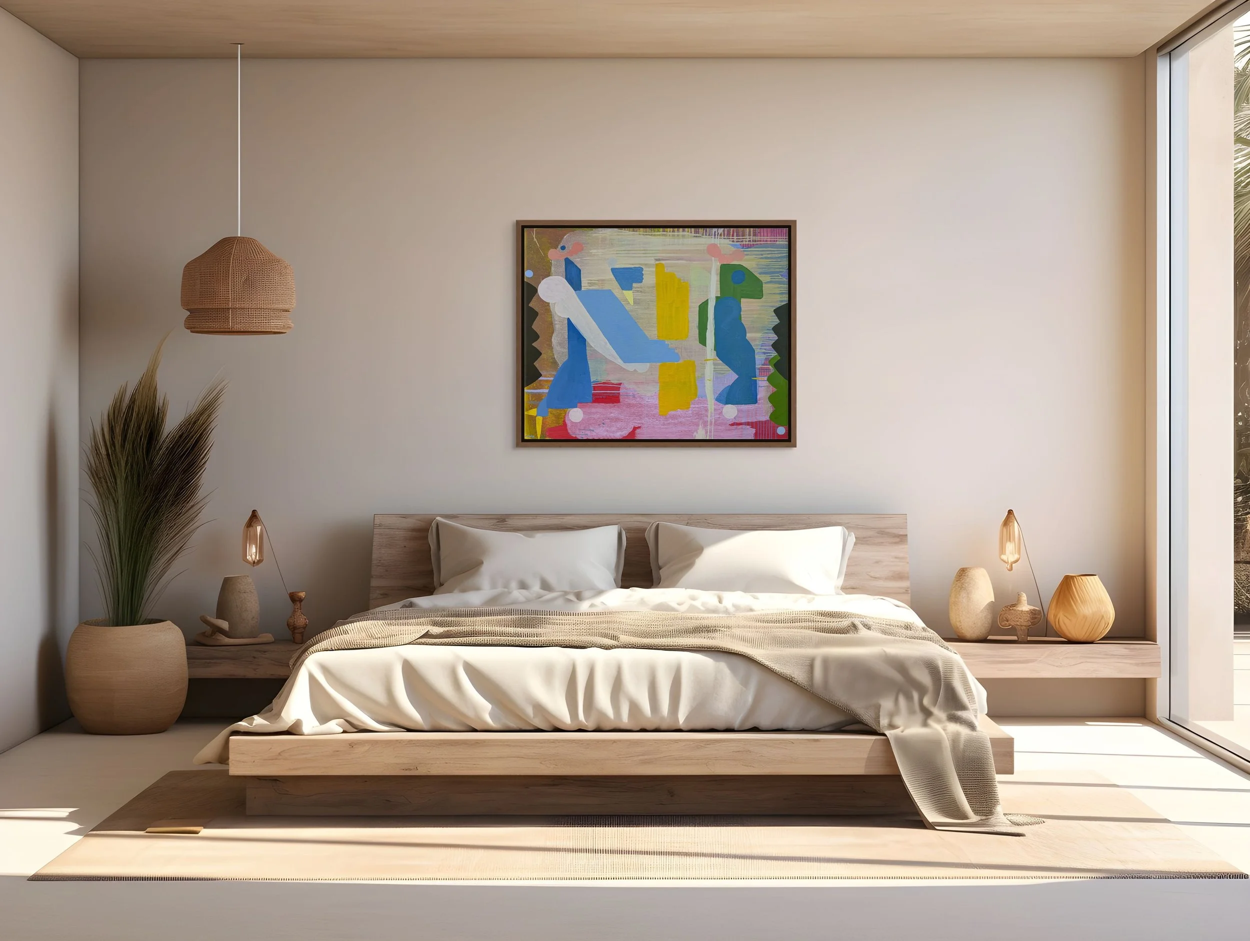 Colourful abstract oil painting in bright Scandinavian bedroom, blue yellow pink and green contemporary art above linen bed, statement painting for calm minimal interior, Martin Finnin Irish artist