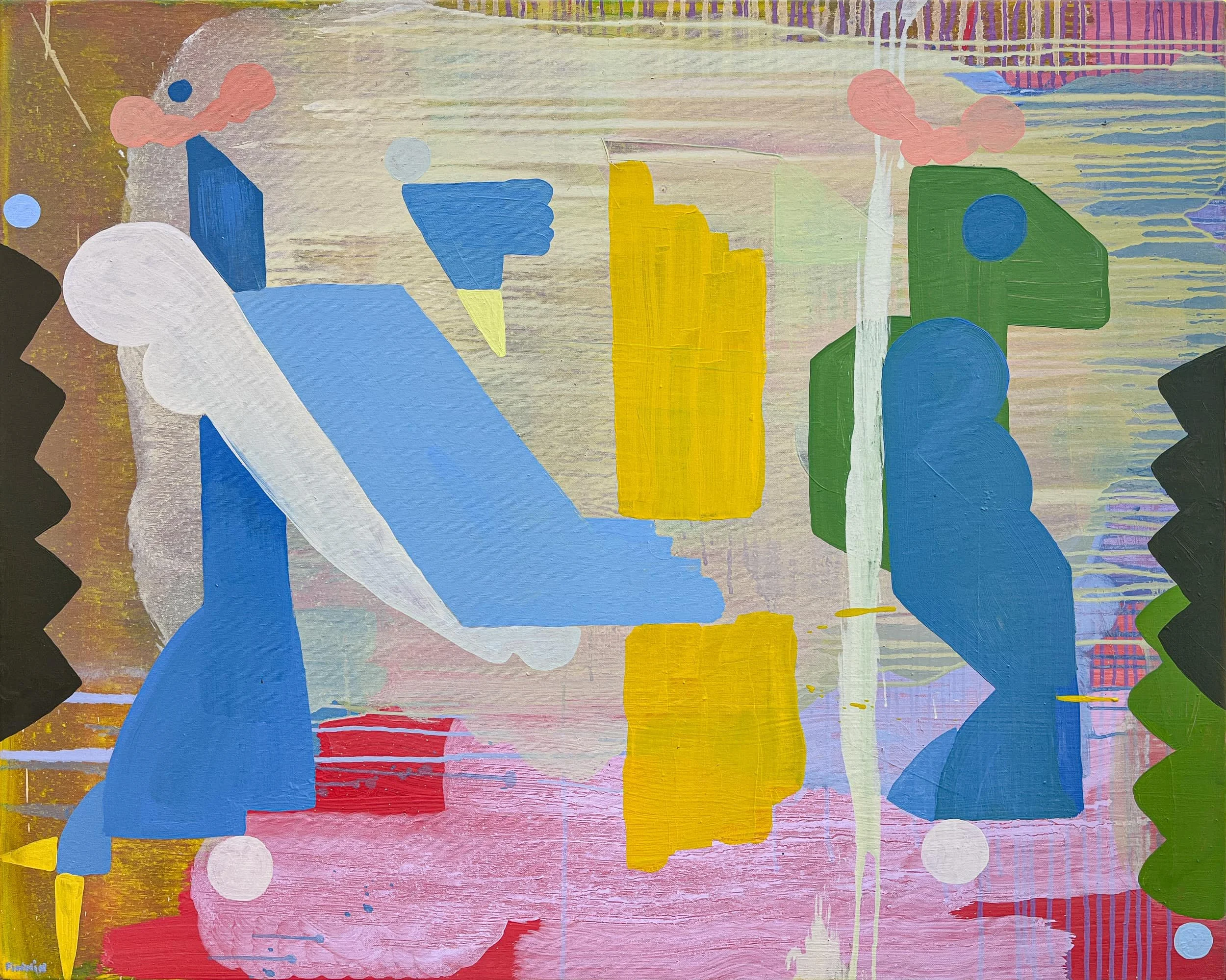 Colourful figurative abstract oil painting with blue yellow green and pink forms, playful characters in motion on pale layered ground, Martin Finnin Irish artist