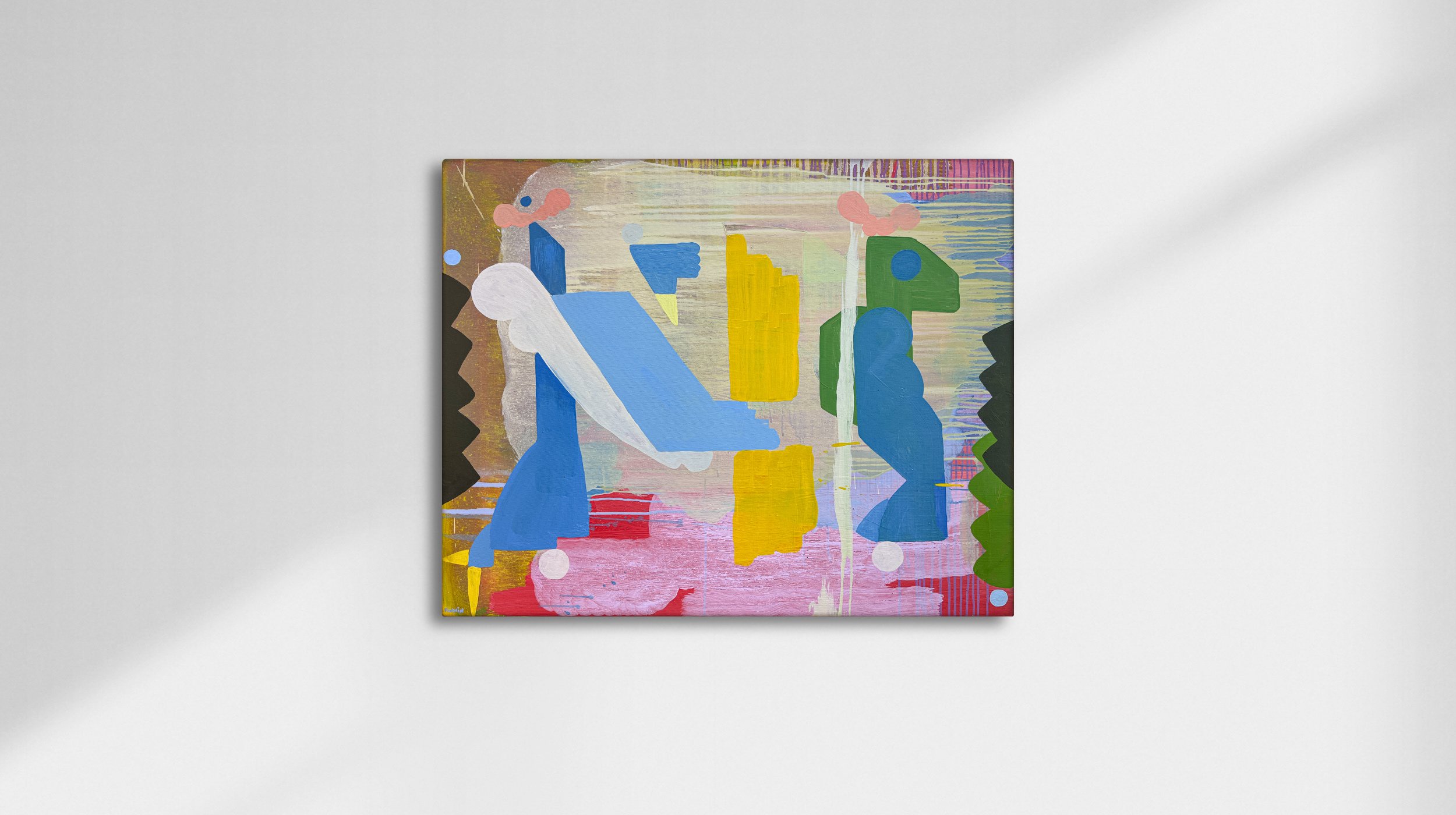 Colourful figurative abstract oil painting with blue yellow green and pink forms, playful characters in motion on pale layered ground, Martin Finnin Irish artist