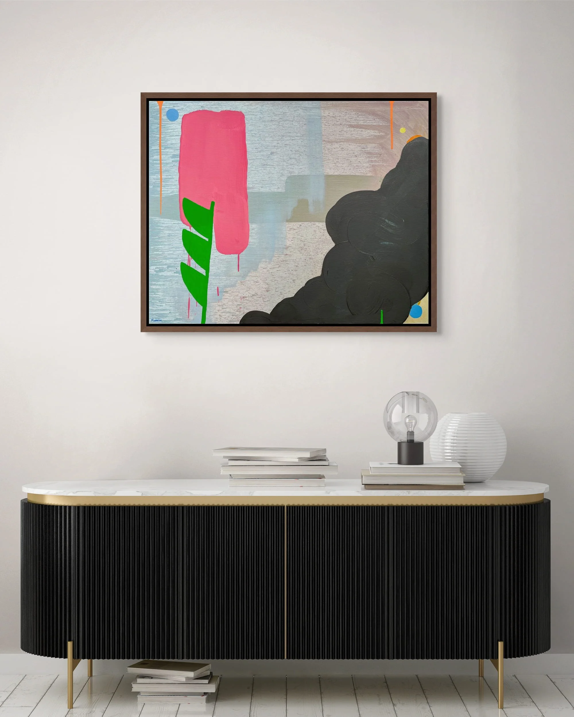 Colourful abstract oil painting above black sculptural sideboard with marble top in contemporary interior, pink green and black canvas, bold statement art for modern living room, Martin Finnin Irish artist