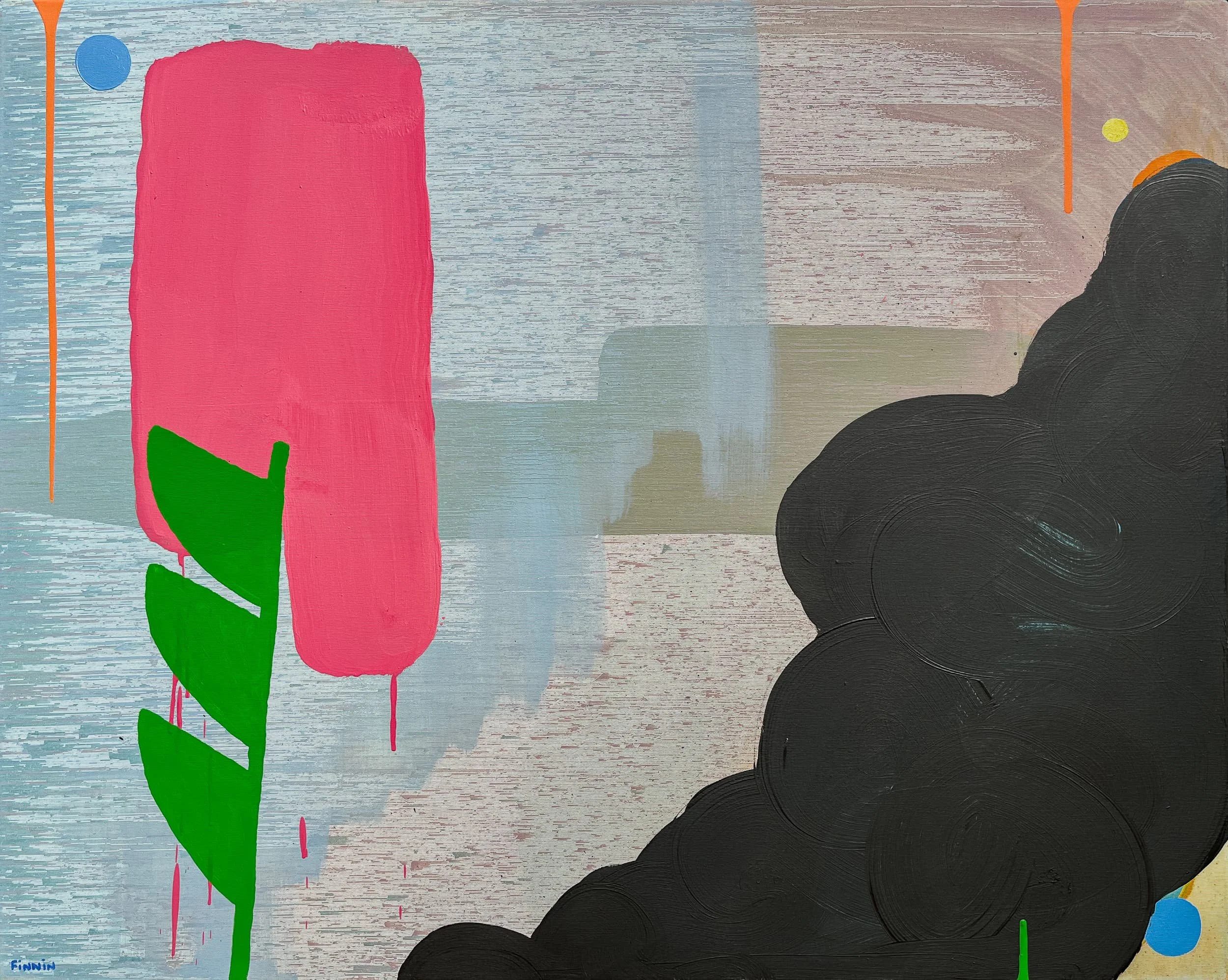 Original abstract oil painting with bold pink form and bright green stem on pale blue grey, dark black cloud form, contemporary canvas by Irish artist Martin Finnin West Cork, original art for sale