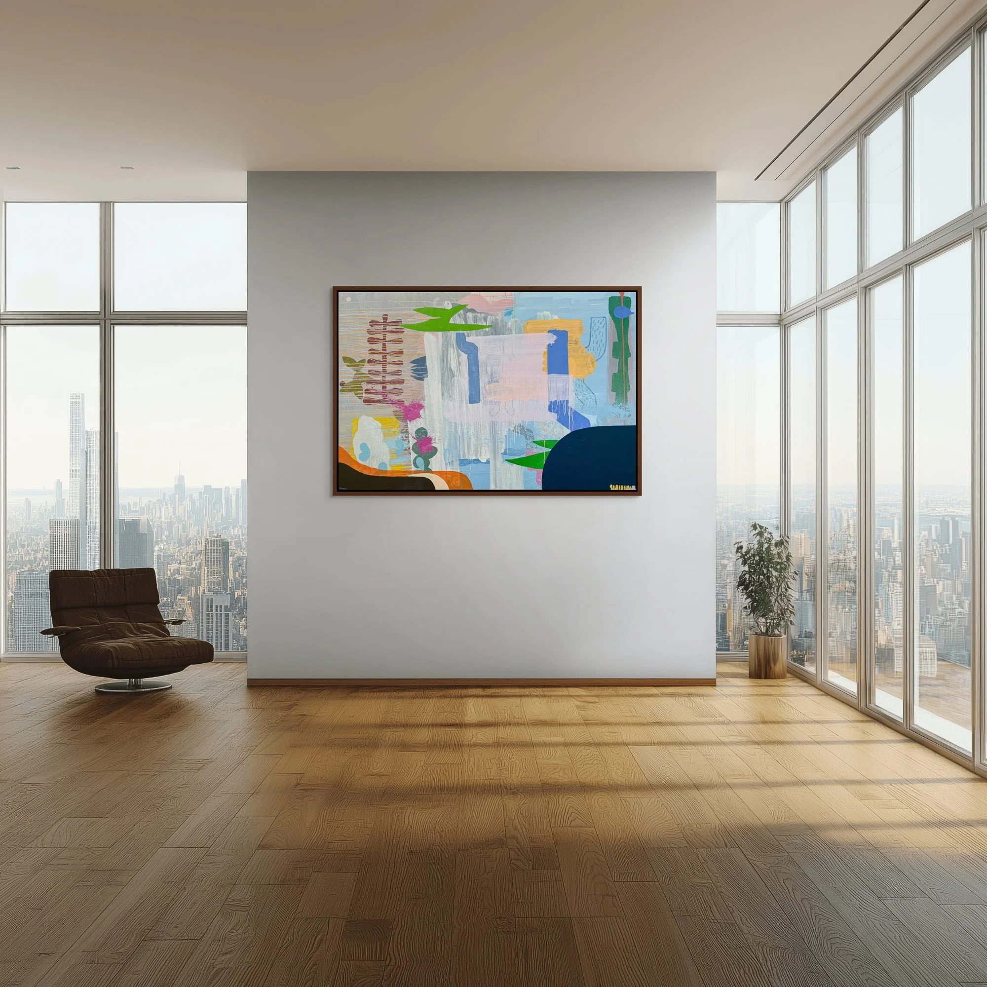 Large colourful abstract oil painting in minimal high-rise interior with city skyline view, blue green orange and navy contemporary art on grey wall, statement painting for dramatic modern space, Martin Finnin Irish artist