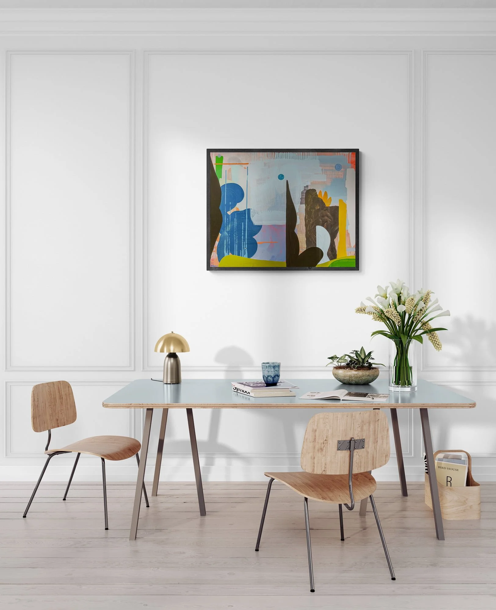 Abstract oil painting on easel in artist studio, blue black and olive green canvas with dark sculptural forms, finished painting resting on paint-covered studio tray, Martin Finnin Irish artist