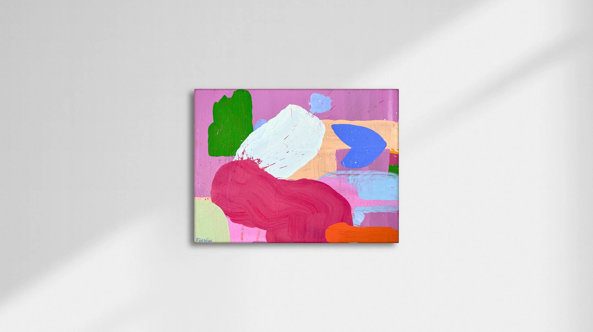 Vibrant abstract oil painting with bold crimson green blue white and orange forms on pink purple ground, energetic brushwork and paint splatter, Martin Finnin Irish artist West Cork